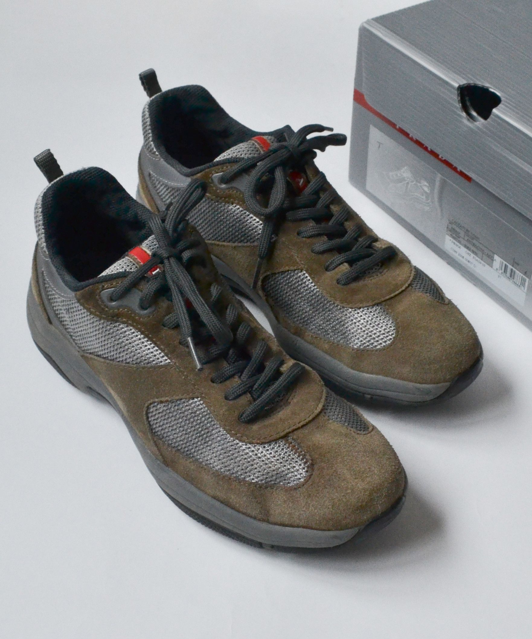 J Shoes x Logo 7 Prada Sneakers Americas Cup Shoes Grey Suede Red Tab in Brown, Men's (Size 6)