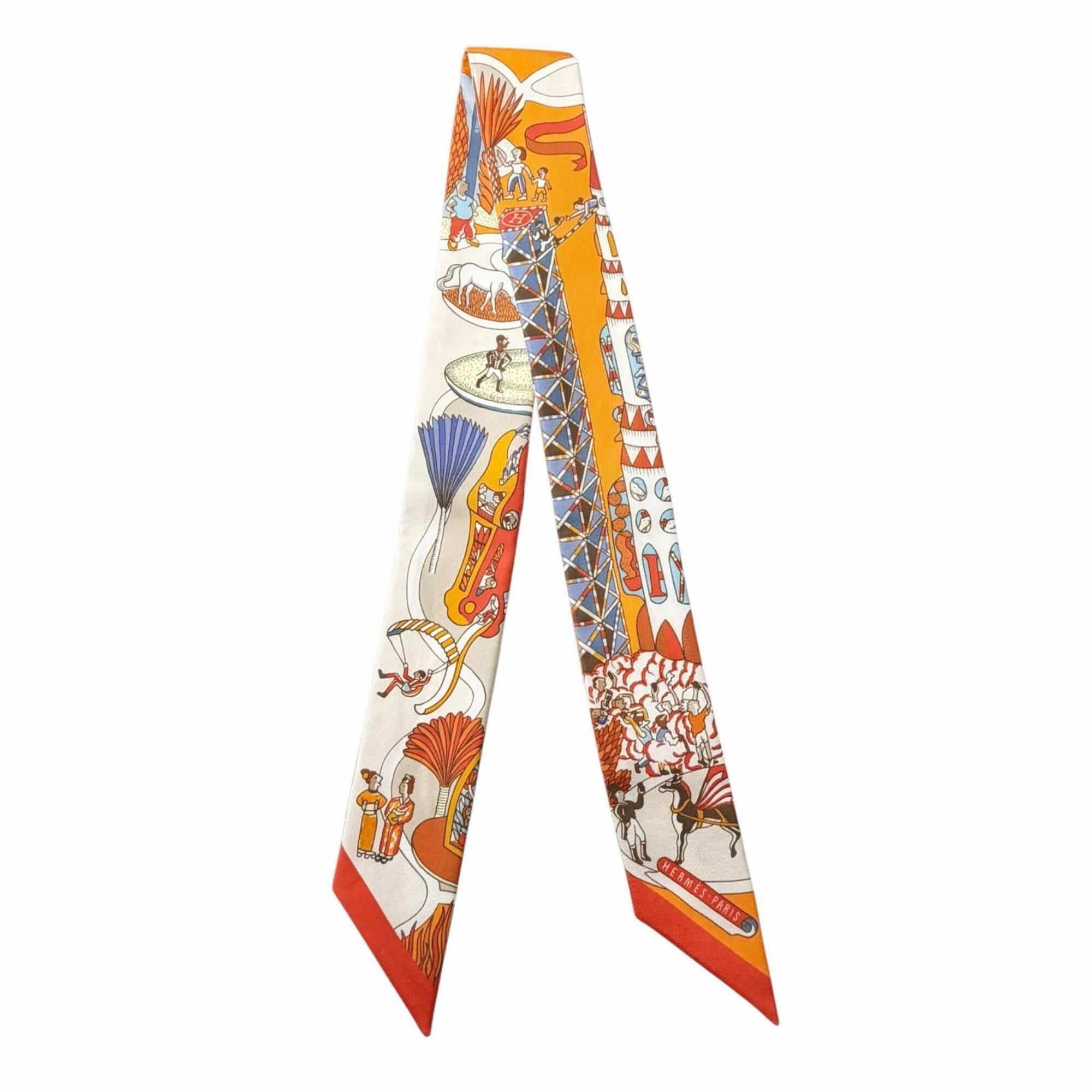 Hermes HERMES Twilly Exposition Universelle (World's Fair) 100% Silk Scarf/Muffler, Orange Multi, Made in France, Women's Size ONE SIZE - 1 Thumbnail