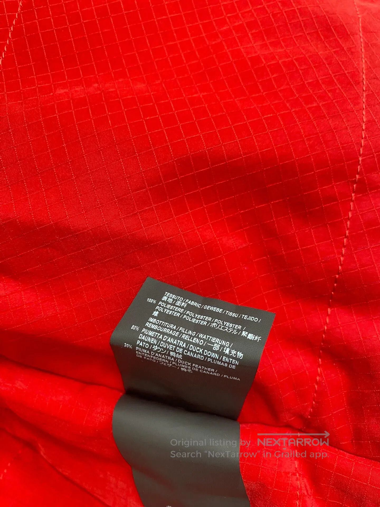 balenciaga red puffer jacket with scarf.