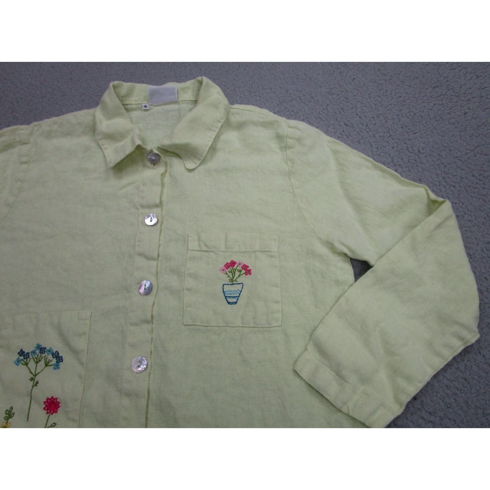 Marcs VINTAGE Hot Cotton Shirt Women Button-Up Tunic Linen Embroidered Green Small Long Sleeve Collared Oversized Bohemian Lagenlook Button Size S / US 4 / IT 40 - 2 Thumbnail