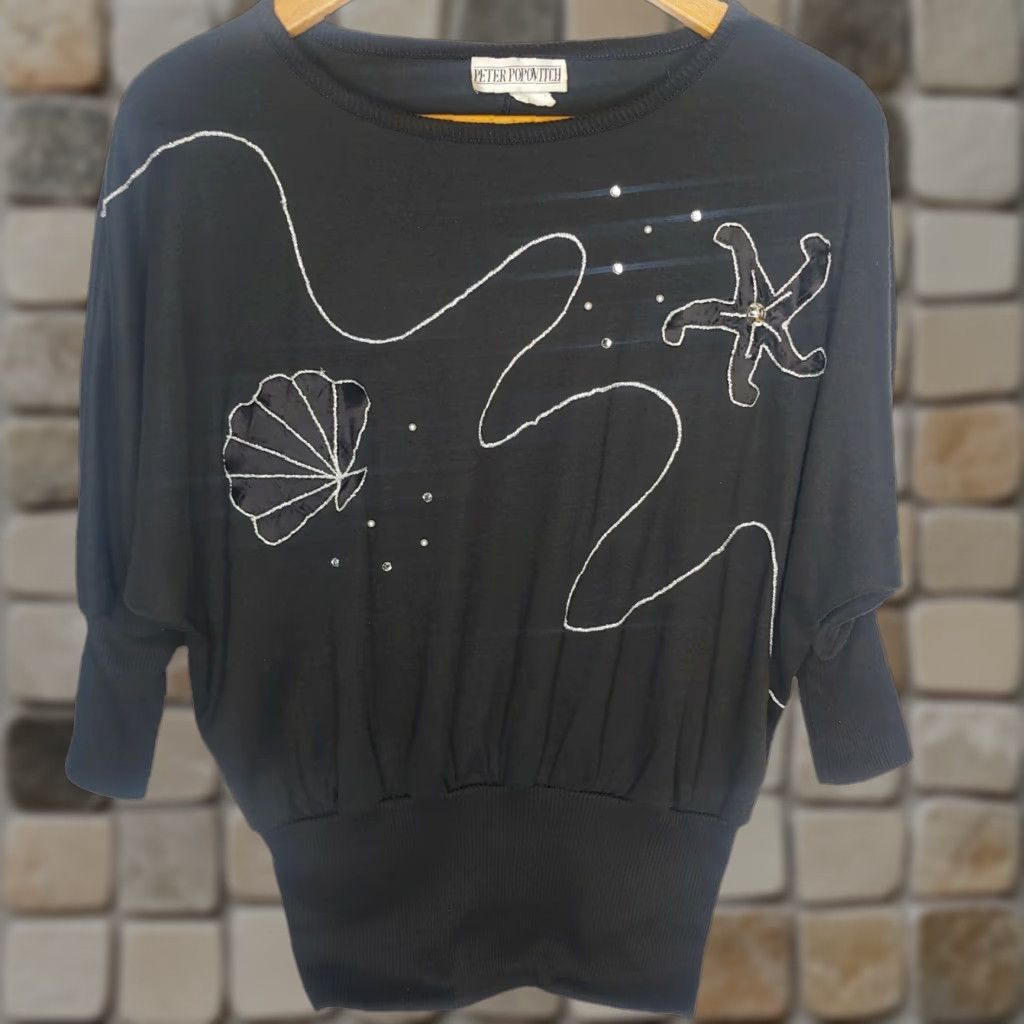 Vintage VINTAGE Peter Popovich Shirt Medium Black Silver Bead Sea Shell Beach Coastal 80s Womens Pullover Knit 3/4 Sleeve Slim Size M / US 6-8 / IT 42-44 - 1 Thumbnail