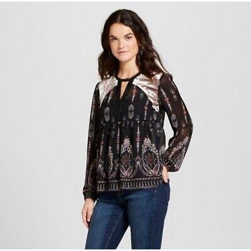 Macys Knox Rose | Boho Velvet Floral Embroidered Peasant Top | M Size M / US 6-8 / IT 42-44 - 1 Thumbnail