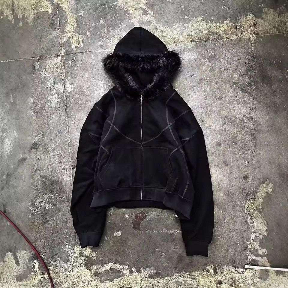 Other Fashion Y2K Retro Ins Fur Hat Patchwork Striped Zip Hoodies Size US S / EU 44-46 / 1 - 2 Thumbnail