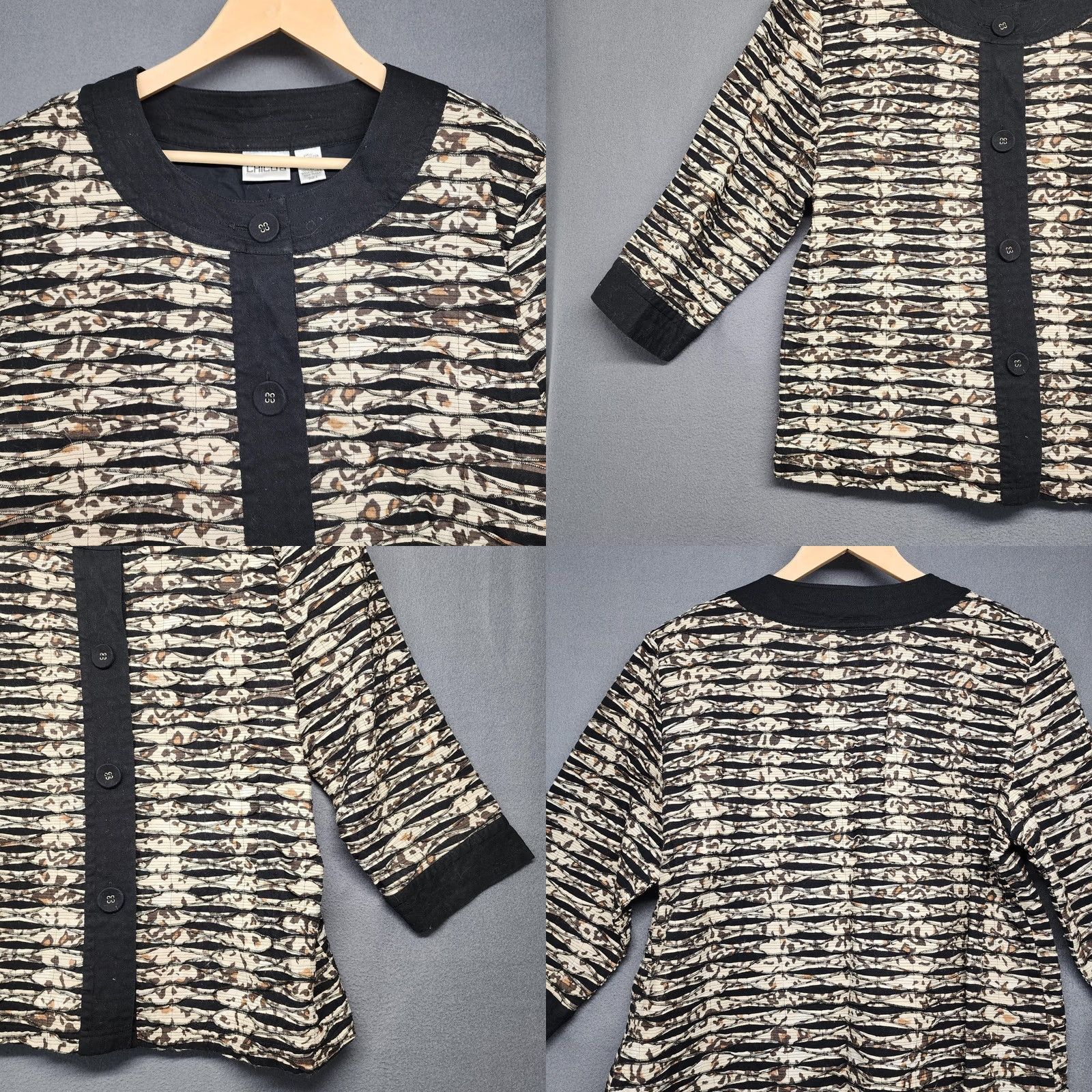 Vintage Chico's Jacket Womens XL Black Beige Textured Animal Print Button Front Size XL / US 12-14 / IT 48-50 - 8 Thumbnail