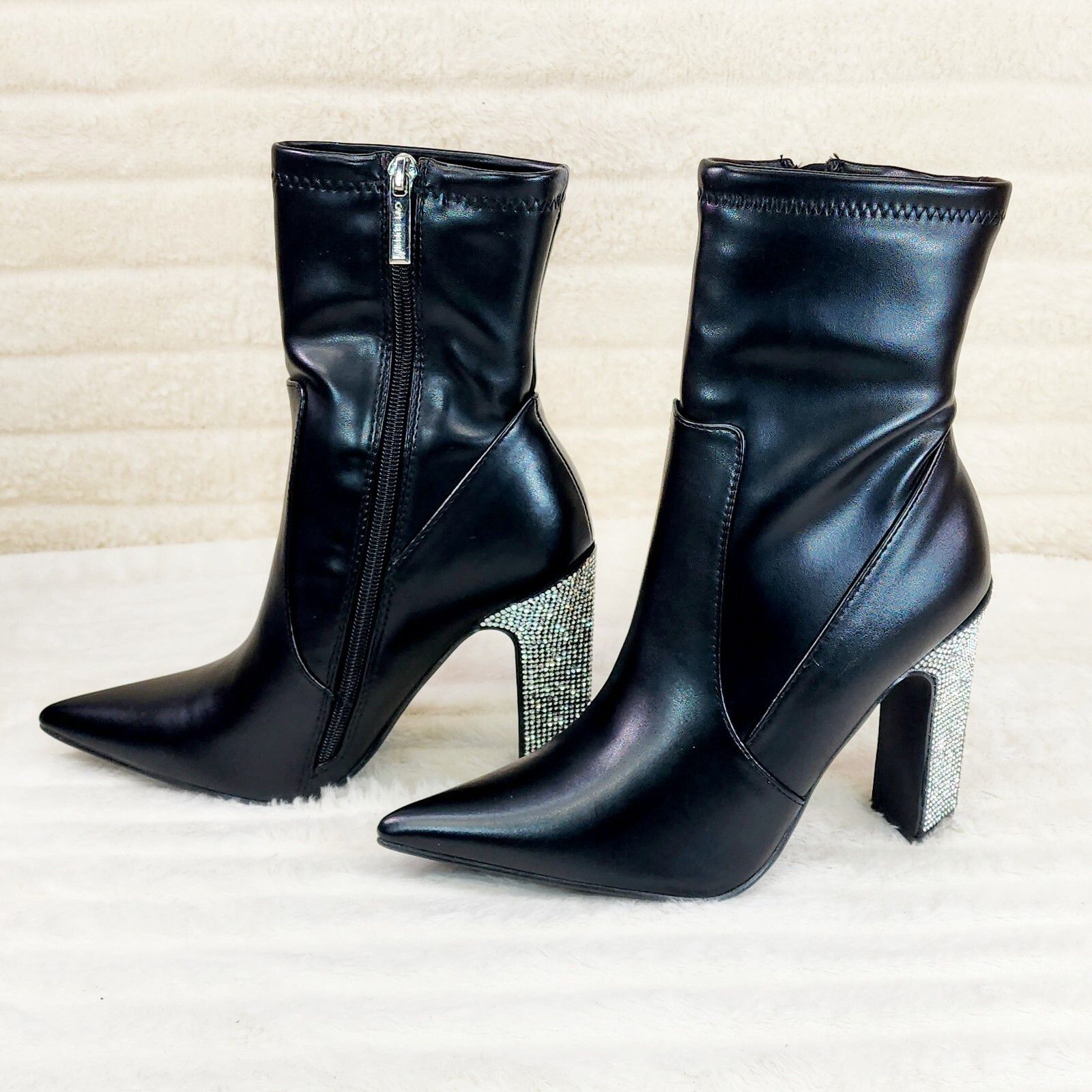 Other Regal Black Stretch Leatherette Rhinestone Heel Ankle Boots Size US 7 / IT 37 - 4 Thumbnail
