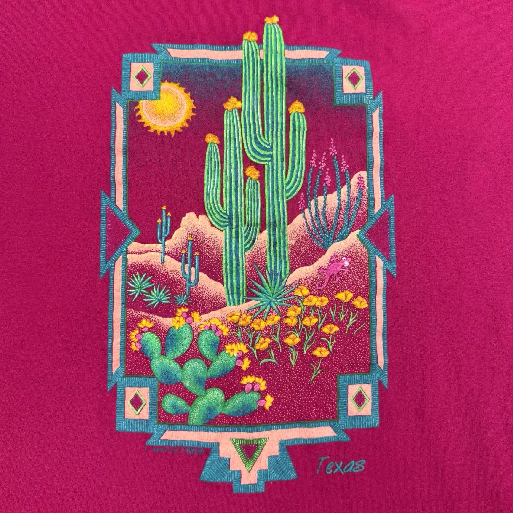 Hanes VINTAGE Hanes T-Shirt Desert Nature Men Large Pink 90s Texas Cactus Sunflowers Graphic Print Crew Neck Size US L / EU 52-54 / 3 - 2 Thumbnail