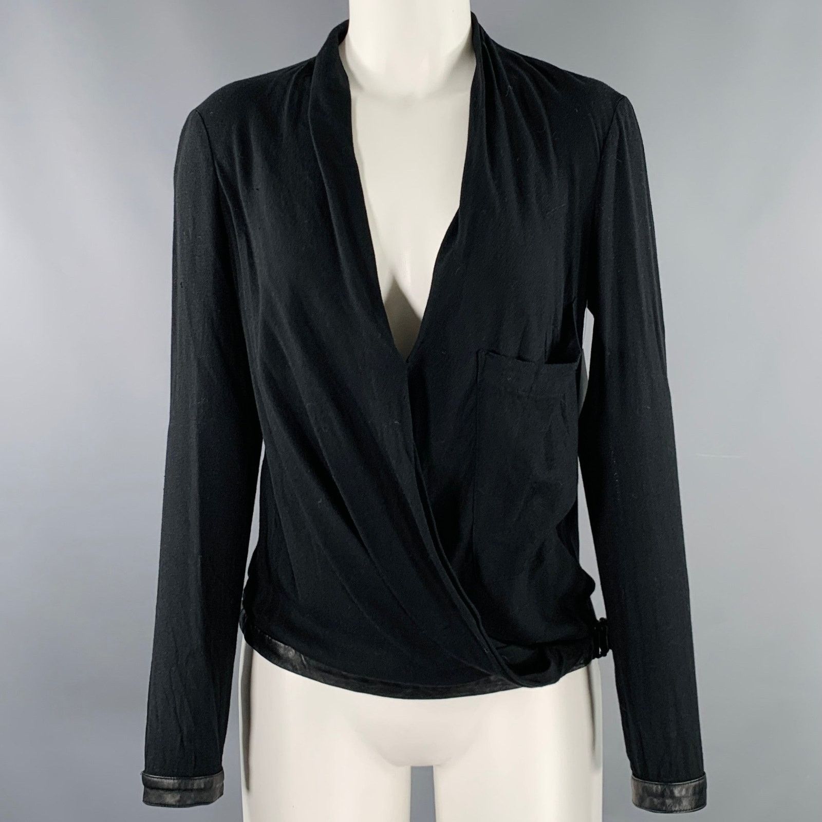 Helmut Lang HELMUT LANG Size S Black Viscose Blend V-Neck Casual Top Size S / US 4 / IT 40 - 1 Thumbnail