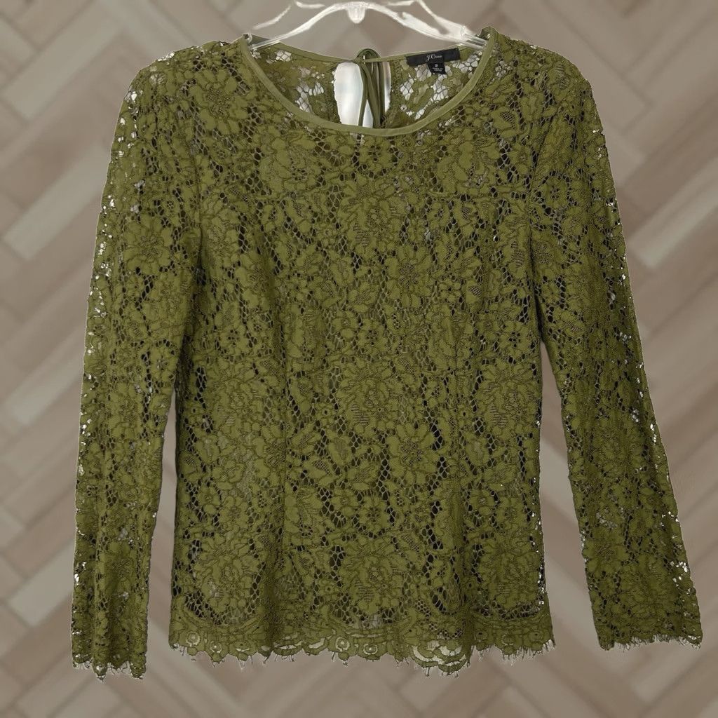 J.Crew J.CREW Lace Top Womens 2 Petite Long Sleeve Shirt Olive Green Sheer Sleeve Blouse Size XS / US 0-2 / IT 36-38 - 1 Thumbnail
