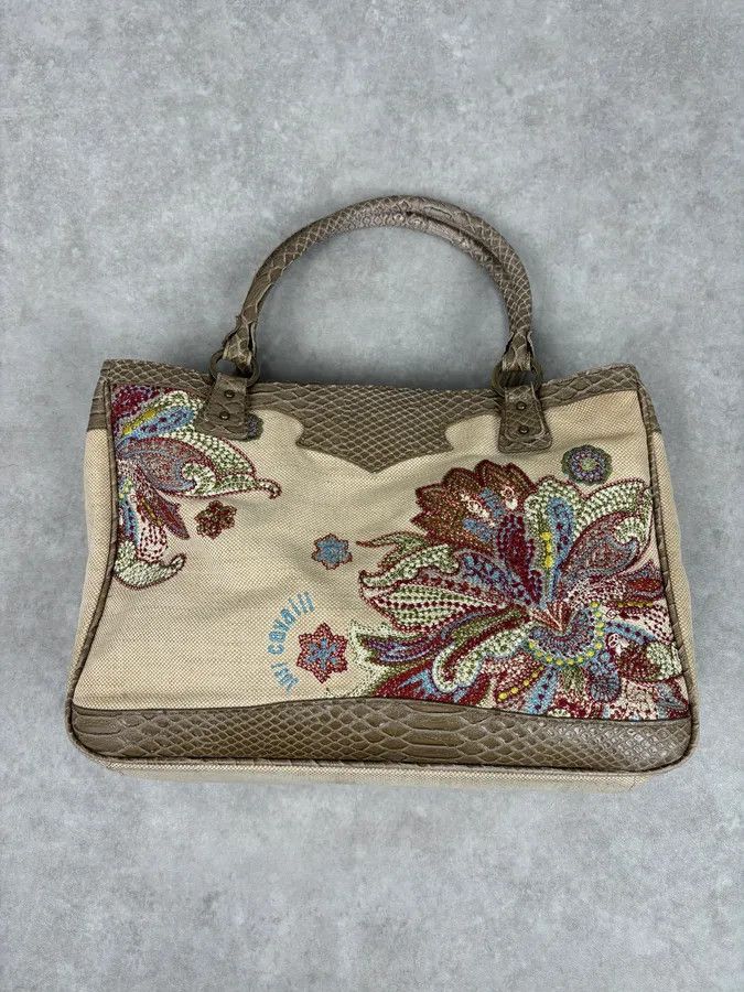 Just Cavalli Just Cavalli Beige Python Embroidered Beaded Tote Handbag Size ONE SIZE - 7 Thumbnail