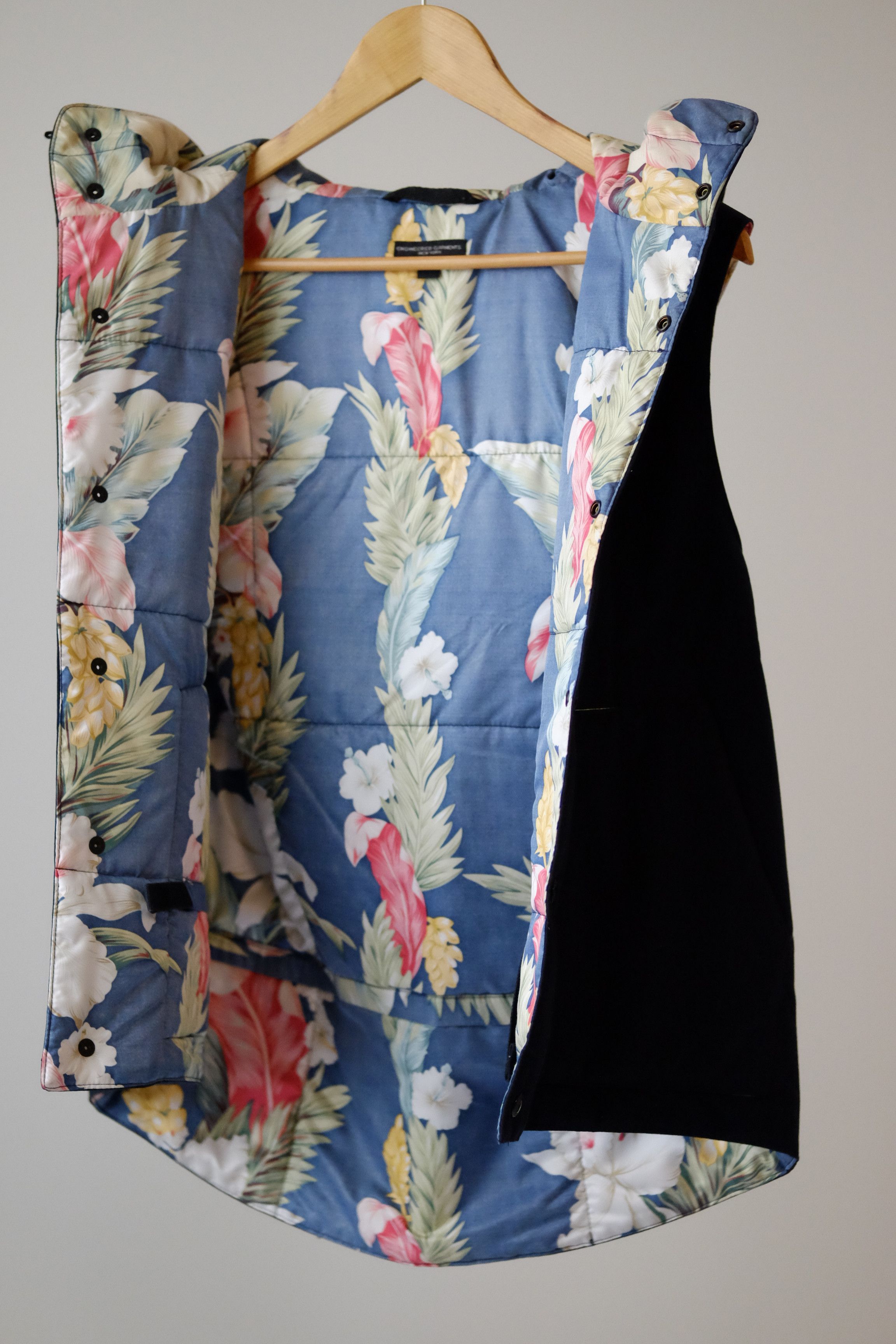 Engineered Garments Navy Hooded Work Vest w/ Floral Lining