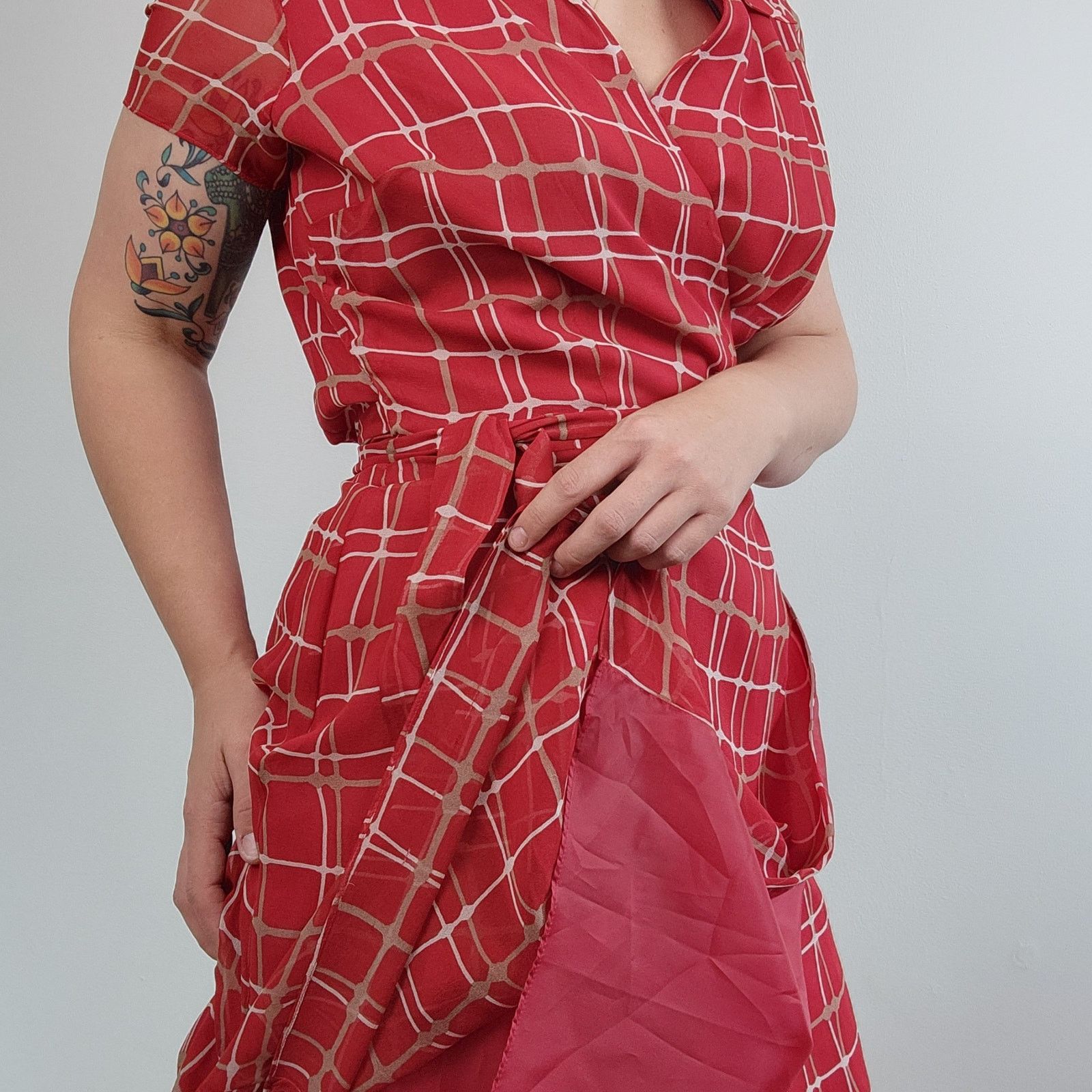 Other Silk 90s Wrap Dress Plaid Short Sleeve Checked Midi Red M Size M / US 6-8 / IT 42-44 - 7 Thumbnail