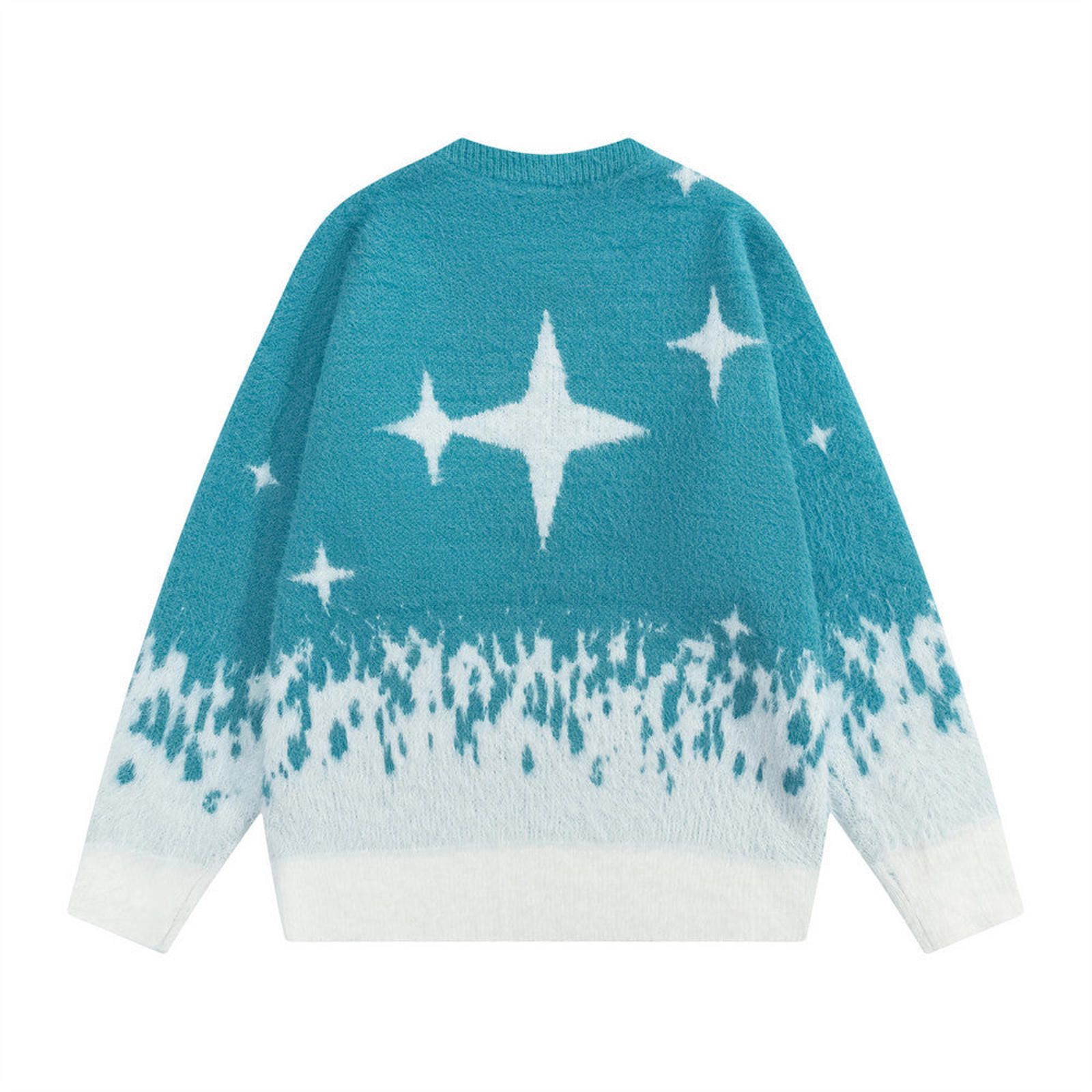 Vintage Blue Star Pattern Fuzzy Knit Sweater, Cozy Winter Pullover Size US M / EU 48-50 / 2 - 2 Thumbnail
