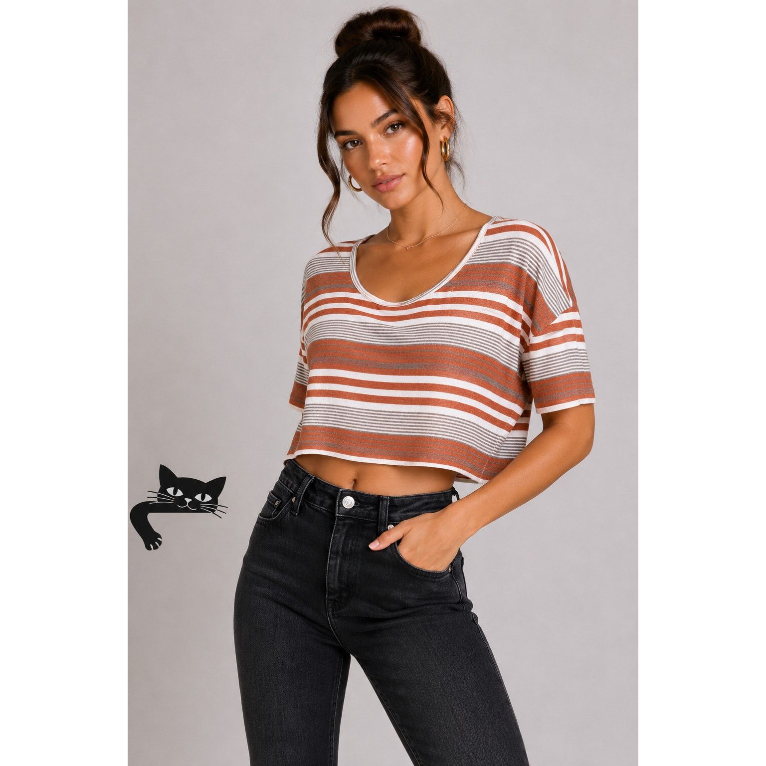Other Papaya Casual Striped Short Sleeve Crop Scoop Neck Tee M Size M / US 6-8 / IT 42-44 - 3 Thumbnail