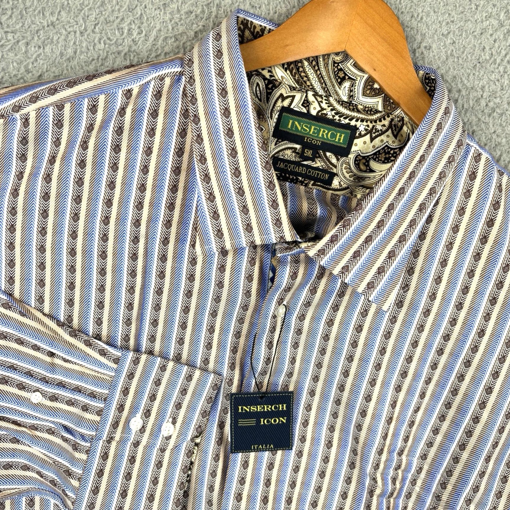 Vintage Inserch Button-Up Shirt Mens 5XL Blue Tan Stripe Jacquard 100% Cotton Casual Shirt Size US XXL / EU 58 / 5 - 2 Thumbnail