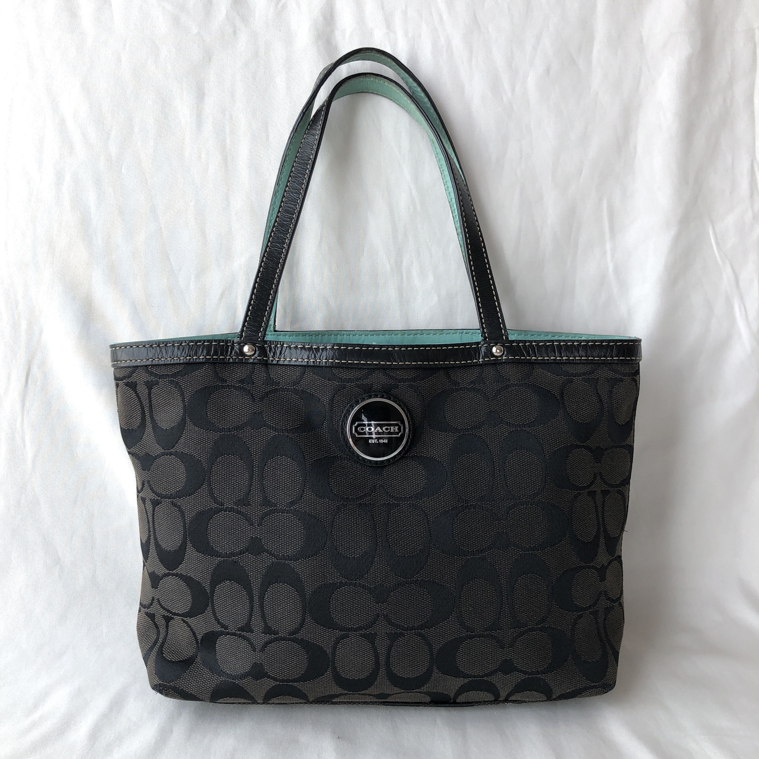 Coach Small Tote Bag Black Signature Canvas F44610