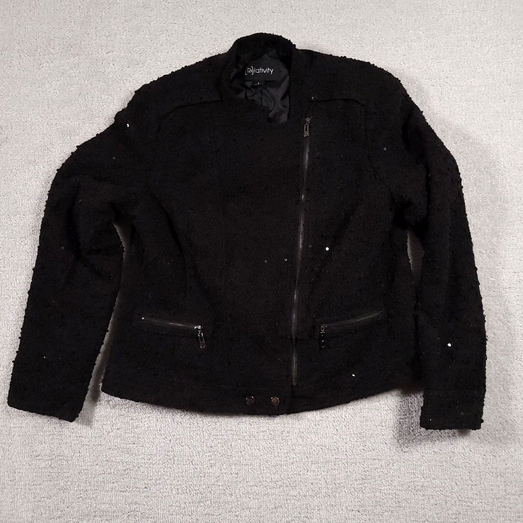 Vintage VINTAGE Relativity Full Zip Jacket Women Large Black Textured Sequin L/S Lined Pockets Size L / US 10 / IT 46 - 2 Thumbnail