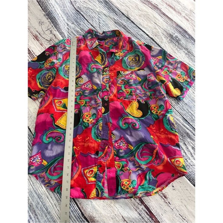 Vintage Vintage 100% Silk Pink and Purple Paisley Short Sleeve Silk Size L / US 10 / IT 46 - 8 Thumbnail