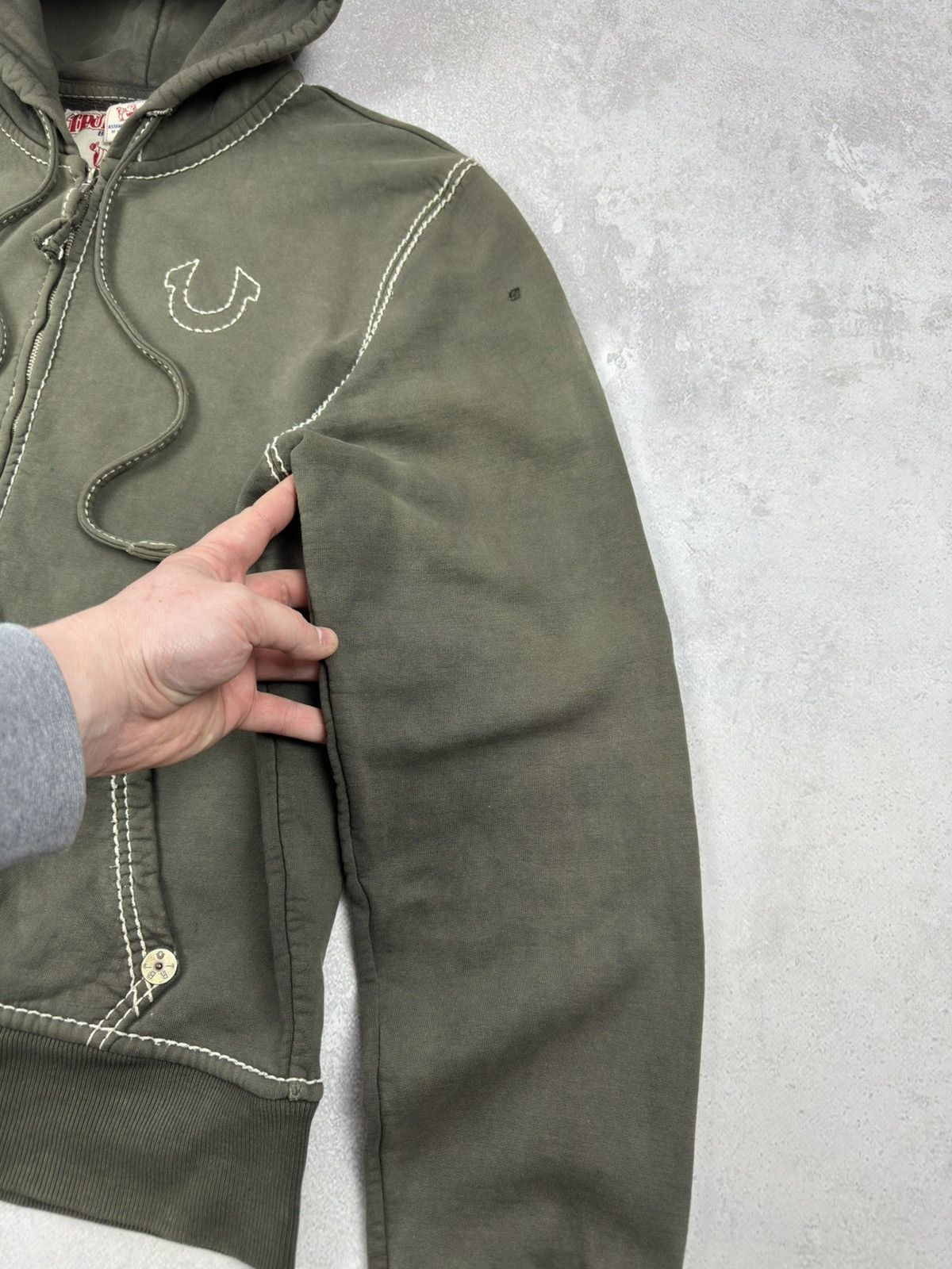 True Religion Vintage True Religion Zip Hoodie Big-T Khaki Washed Destroye Size US L / EU 52-54 / 3 - 7 Thumbnail