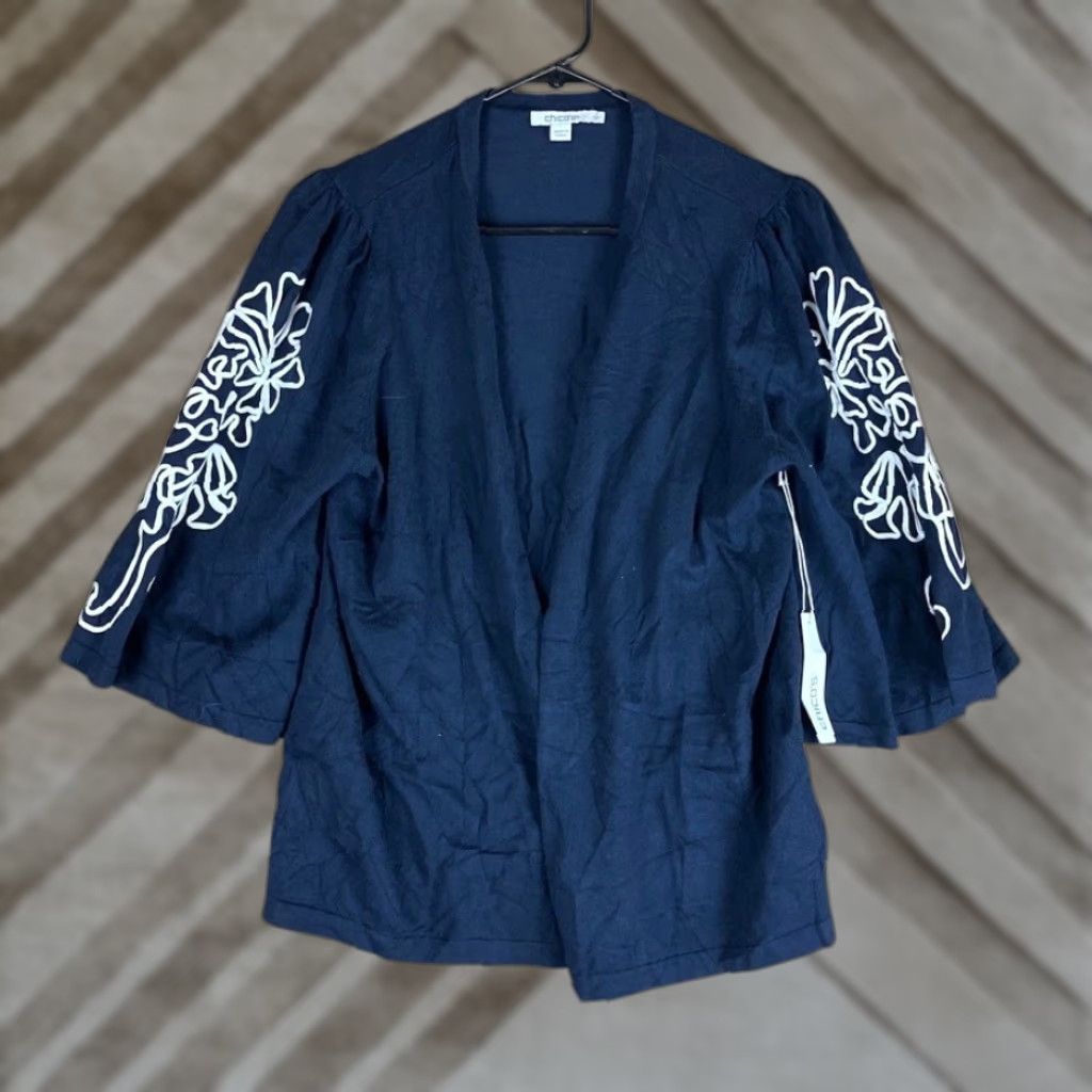 Vintage Chicos Sweater Women Navy Soutache Embroidered Open Front 3/4 Sleeve M Cardigan Knit Lightweight All Seasons Casual Formal Workwear Size M / US 6-8 / IT 42-44 - 1 Thumbnail