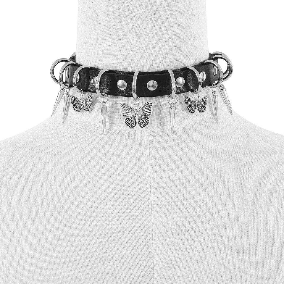Jewelry Spike Black Leather Butterfly Choker Necklace Jewelry Size ONE SIZE - 4 Thumbnail
