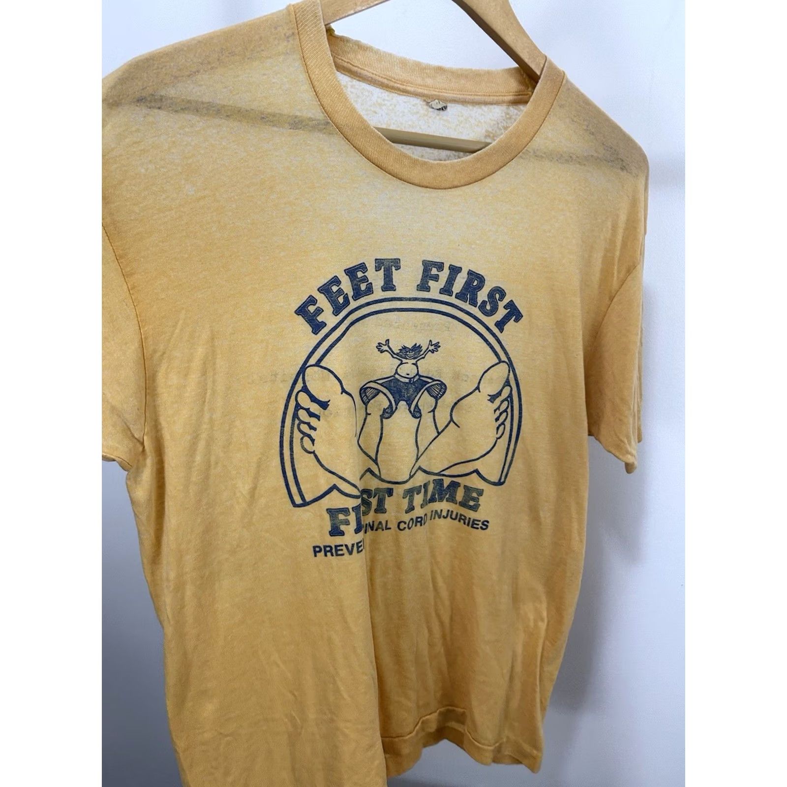 Vintage VTG 80s Feet First Prevent Spinal Cord Injuries Paper Thin Burnout T-Shirt XL Shirt Men Yellow Foot Fetishism Burnout 80s Mens XL Size US XL / EU 56 / 4 - 4 Thumbnail