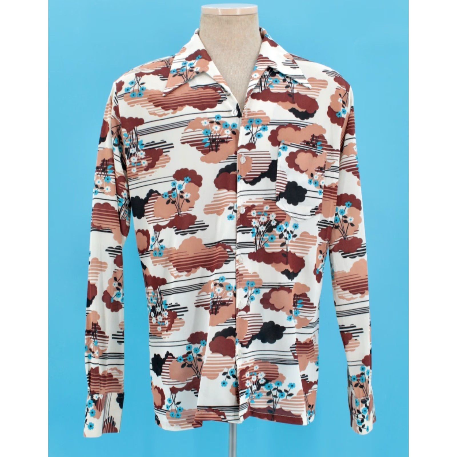Vintage Joel Vintage 70s Shirt Mens Sz L Brown Blue Tree Print Button-Front Disco Polyester Size US L / EU 52-54 / 3 - 2 Thumbnail