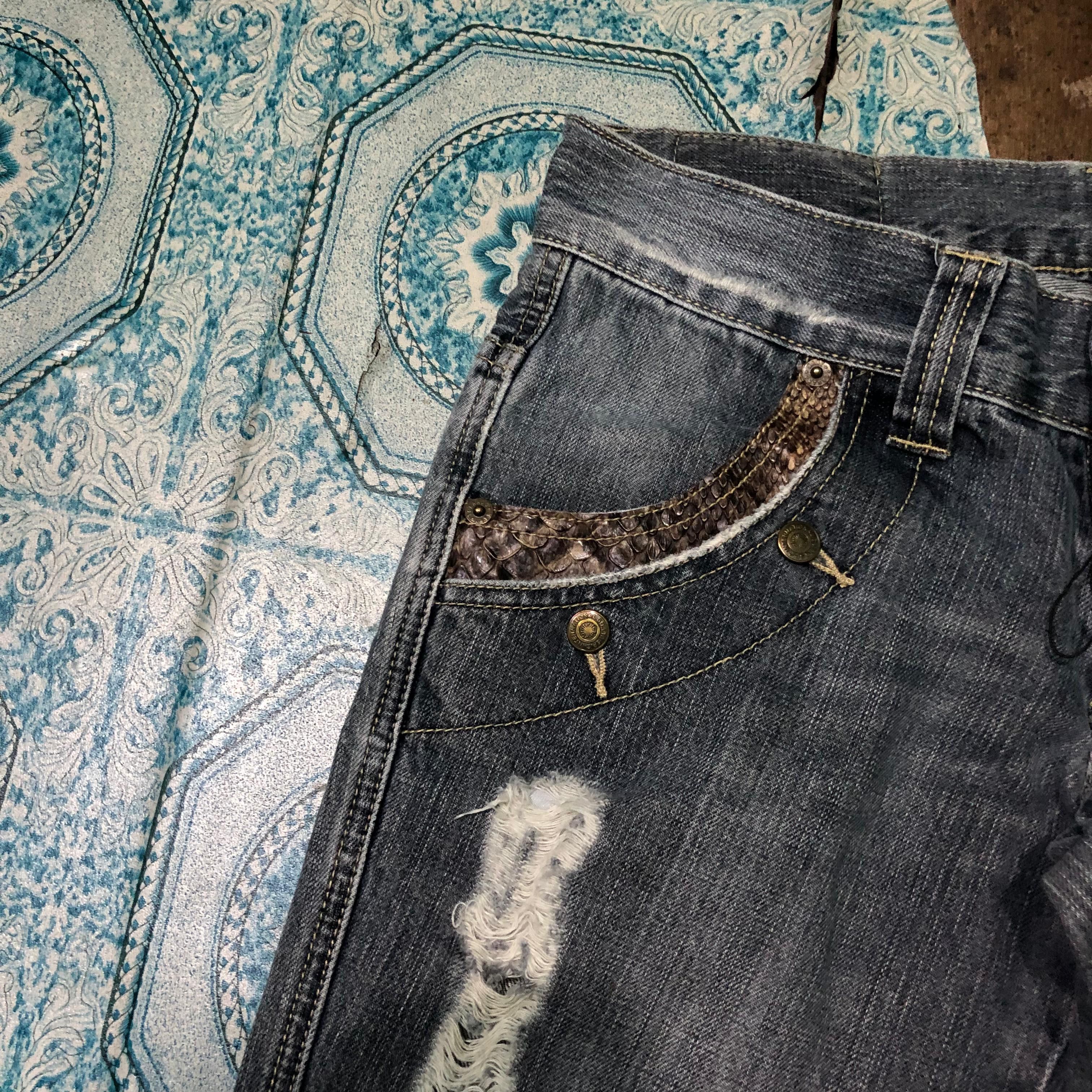 Tornado Mart TornadoMart Phyton Leather Flared Distressed Denim Size US 31 - 4 Thumbnail
