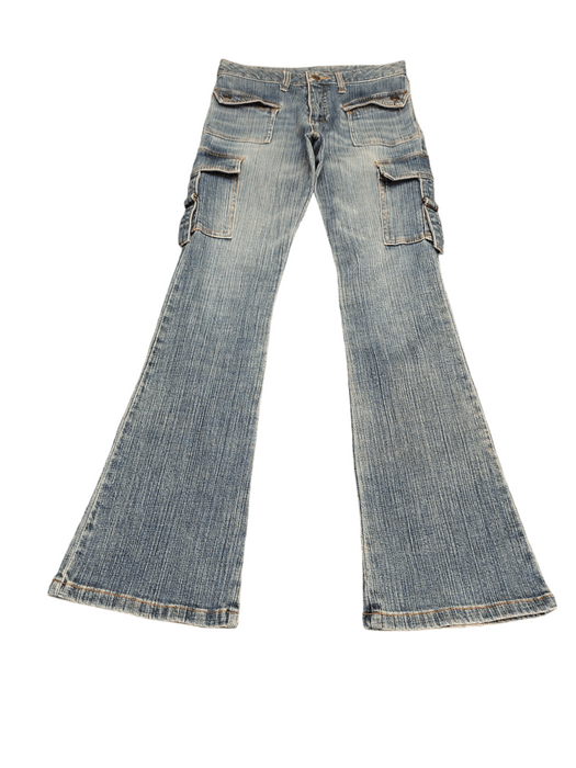 Y2K Low Rise Cargo Flare Jeans - Acid Wash Blue