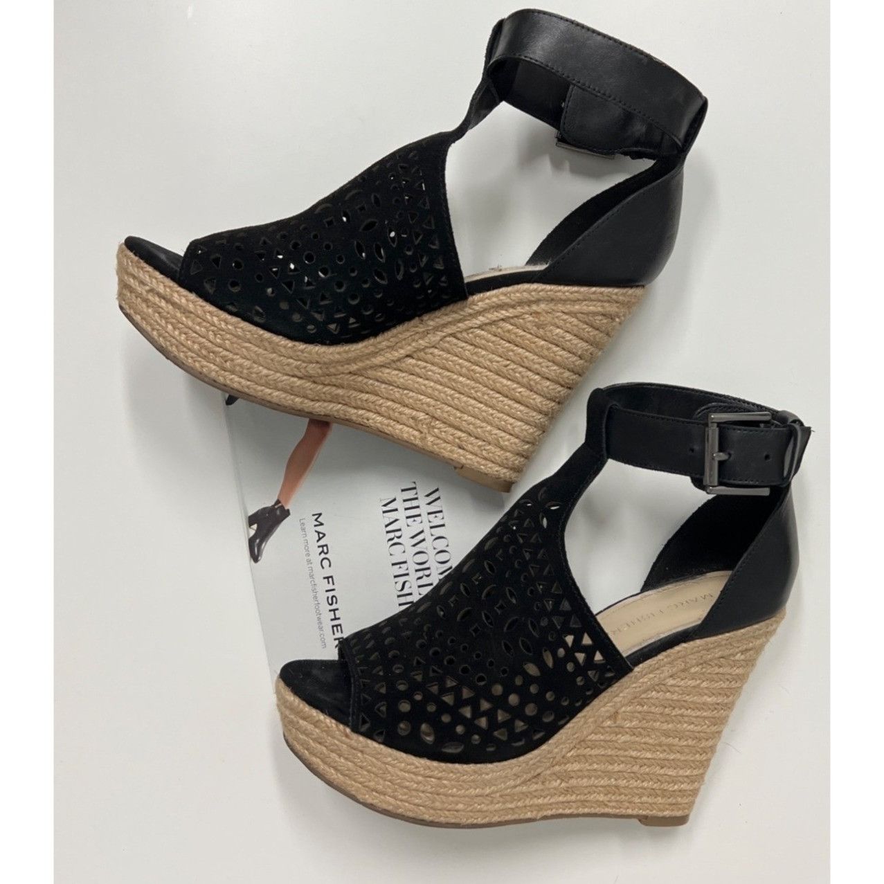 Marc Fisher Marc Fisher Black Suede T-Strap Wedge Sandals Size US 7.5 / IT 37.5 - 2 Thumbnail