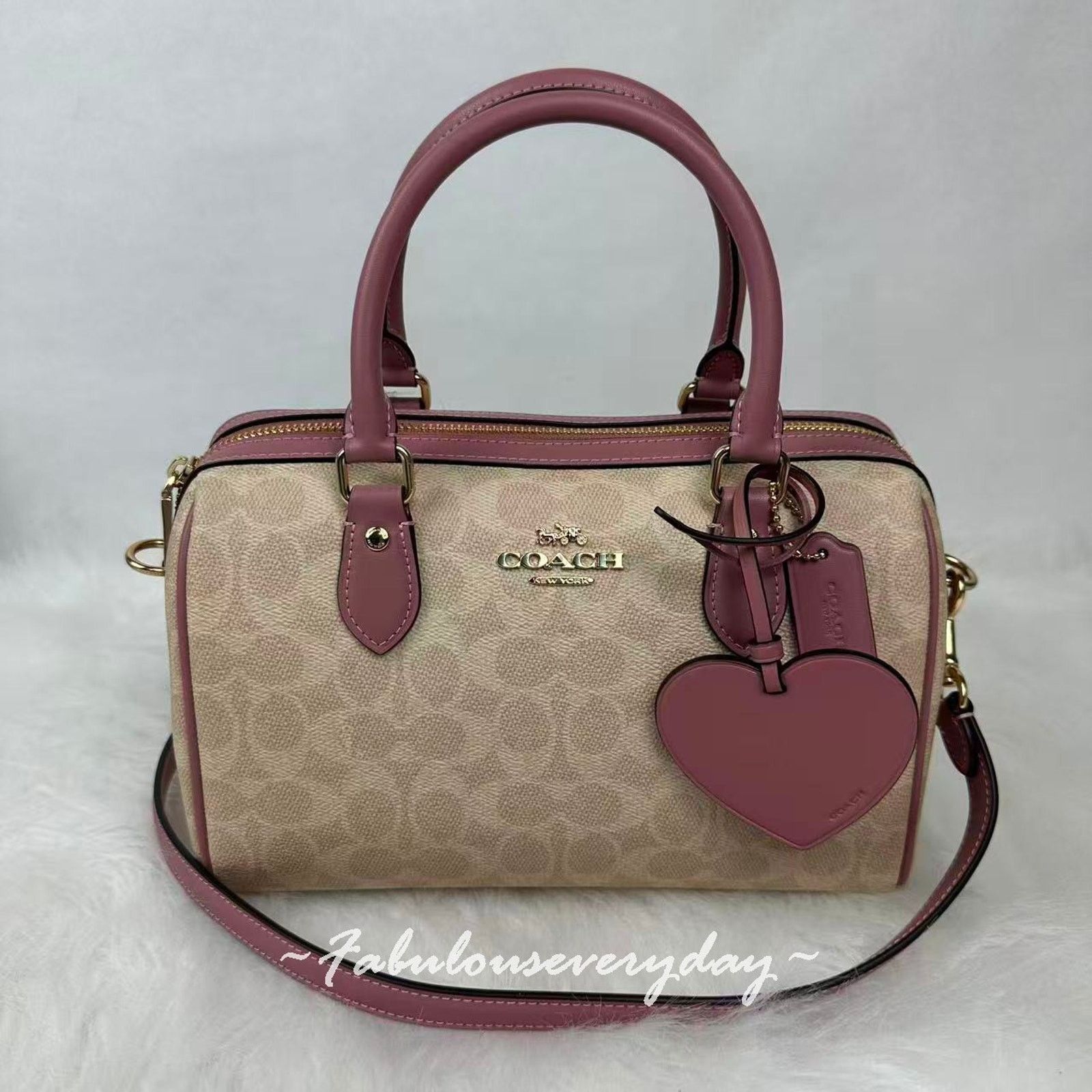 Coach Rowan Satchel Bag Sig Canvas Heart Charm Sand/Peony