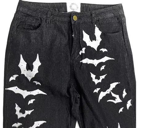 VIBE Washed distressed pleated micro-flare bat-print jeans Size US 32 / EU 48 - 4 Thumbnail