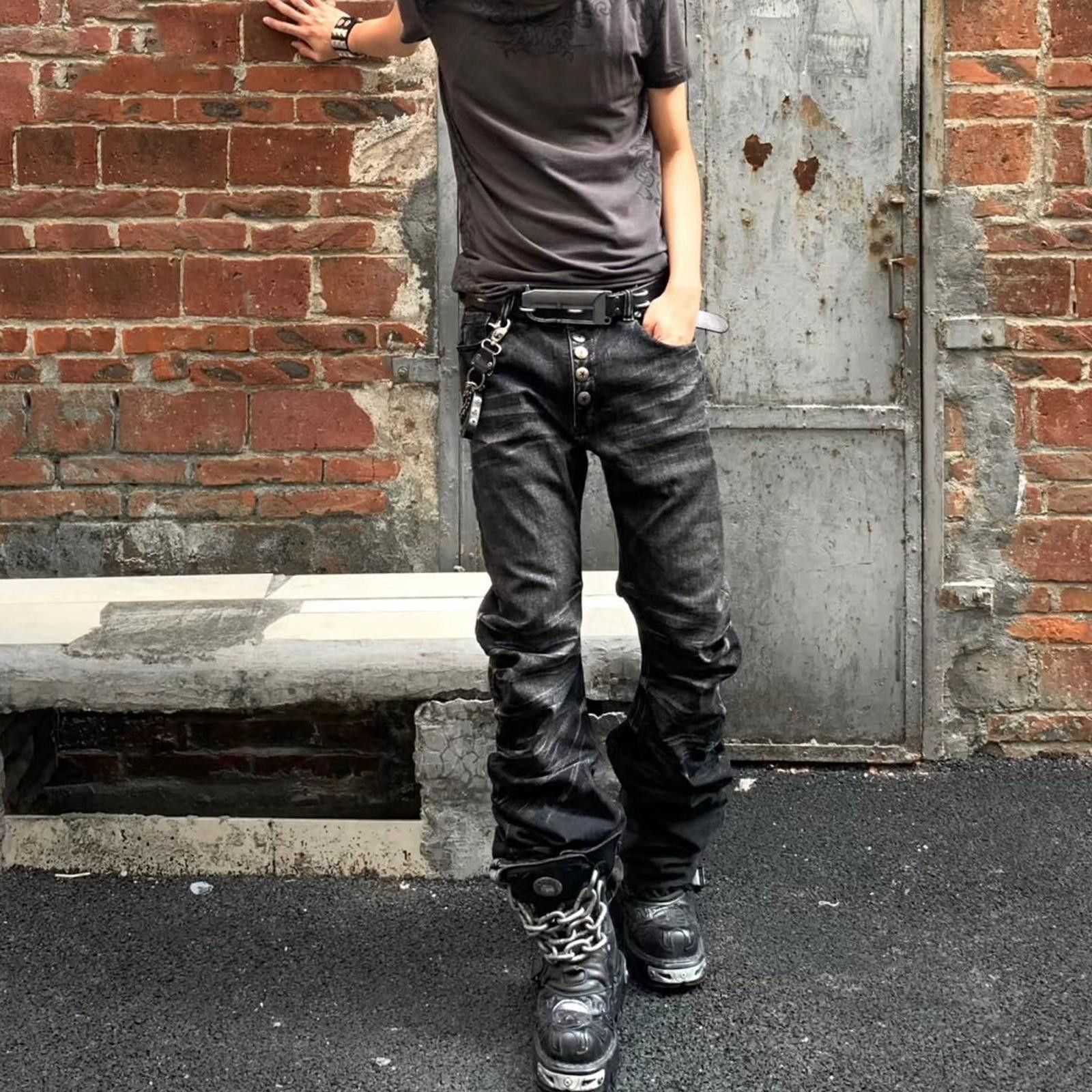 Vintage Black Button Stud Pleated Stacked Denim Jeans Size US 32 / EU 48 - 2 Thumbnail