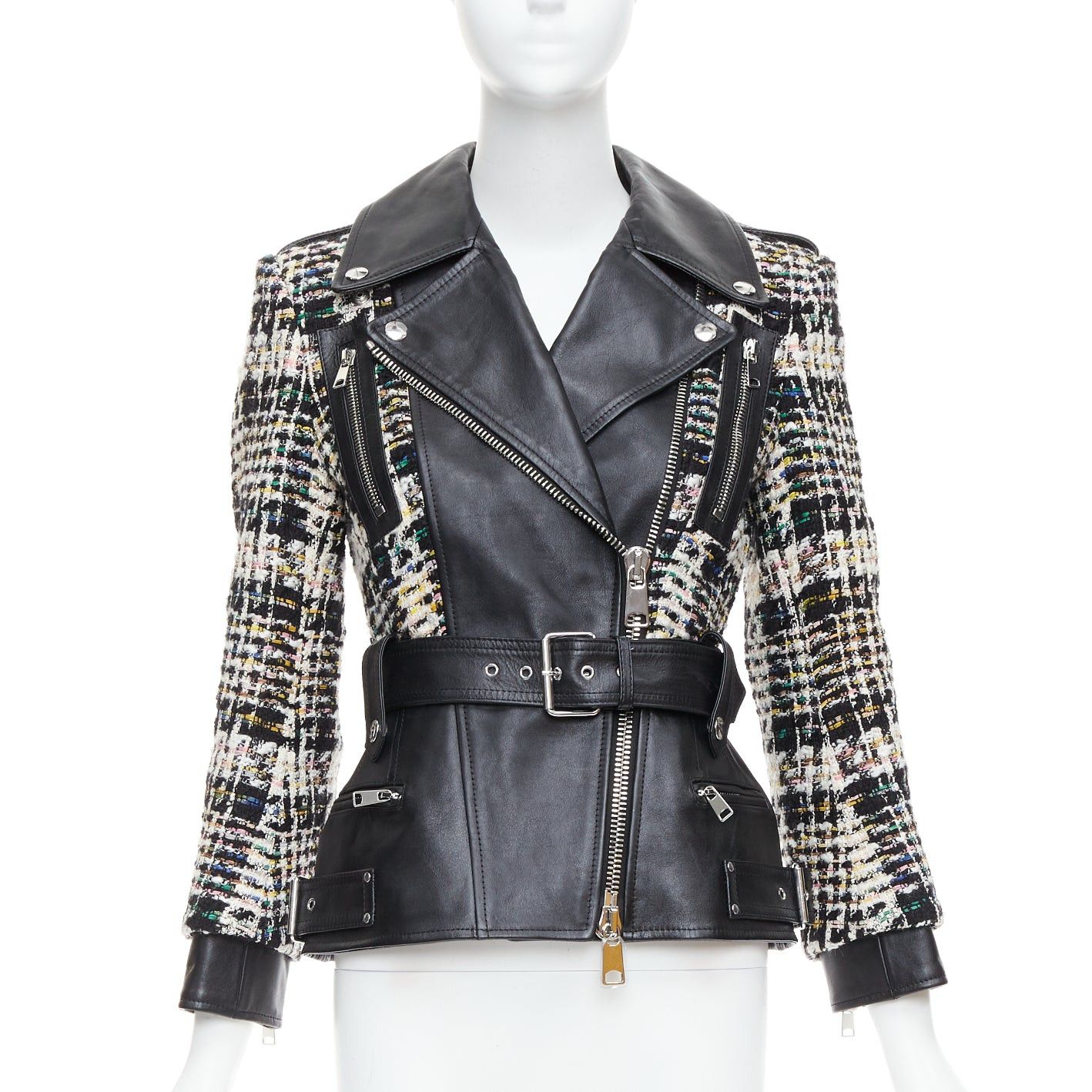 Alexander McQueen ALEXANDER MCQUEEN 2023 Hybrid punk black leather tweed biker jacket IT36 XXS Size XS / US 0-2 / IT 36-38 - 1 Thumbnail