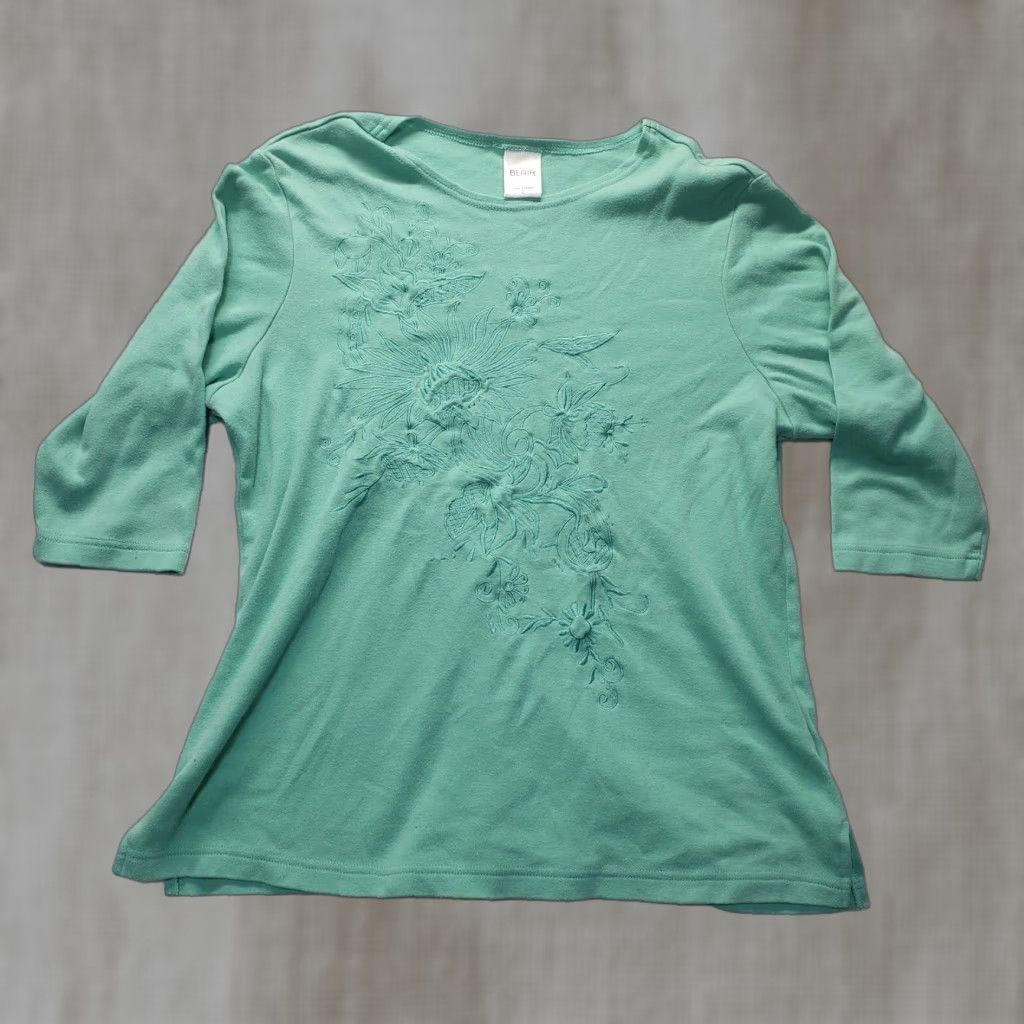 Blair Blair Green Floral Embroidered Crewneck Sweater Adult Women Large Size L / US 10 / IT 46 - 1 Thumbnail