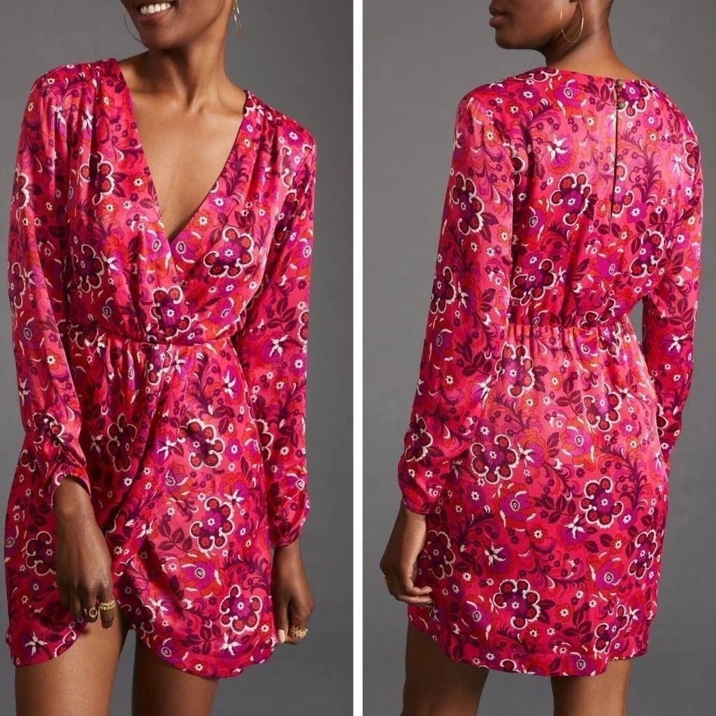 Anthropologie Maeve Anthropologie Floral Print Wrap Mini Dress XS Pink Lon Size XS / US 0-2 / IT 36-38 - 8 Thumbnail