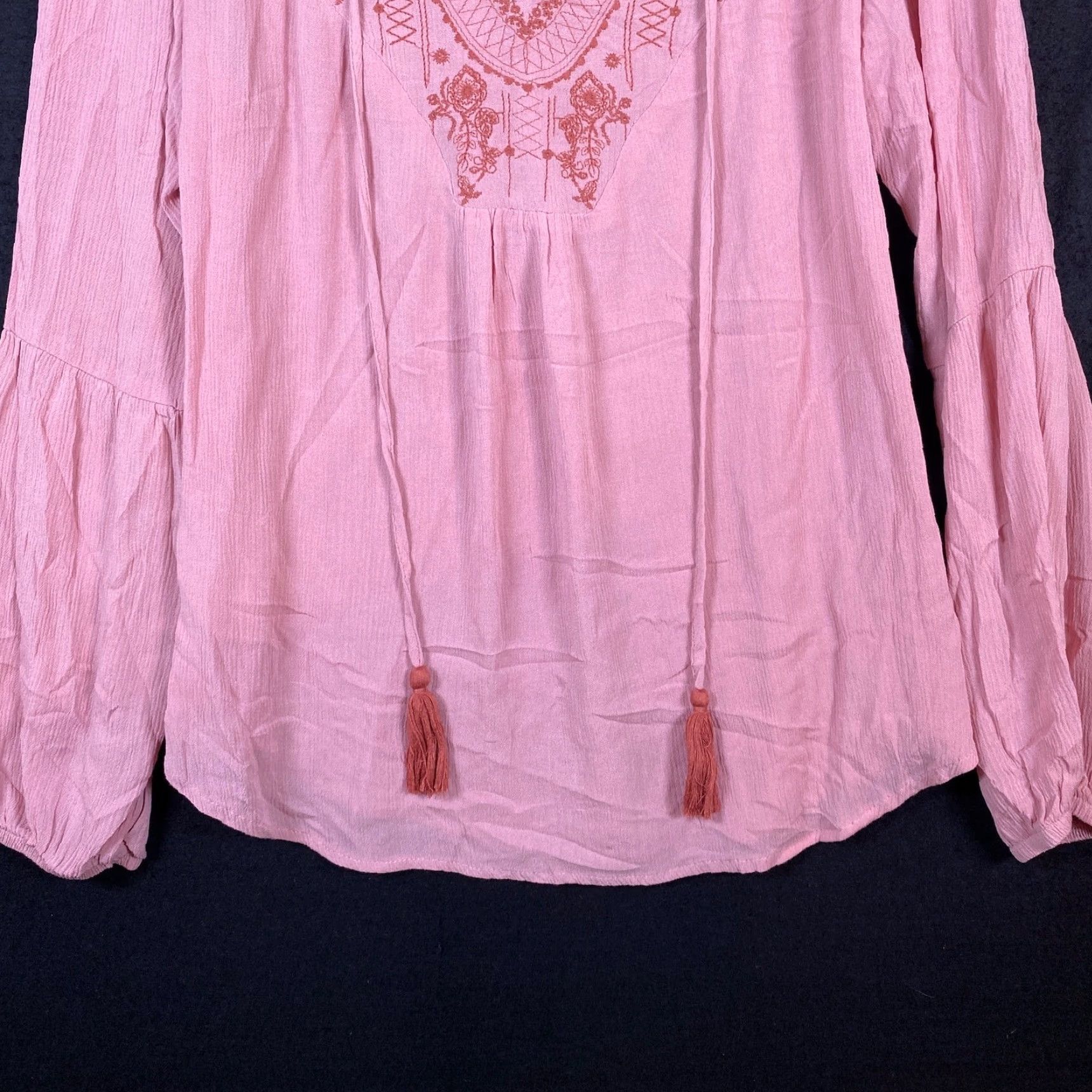 Vintage Knox Rose Blouse Womens Pink Floral V-Neck Tassels Long Sleeve Sheer Small Shirt Boho Tunic Casual Workwear Size S / US 4 / IT 40 - 3 Thumbnail