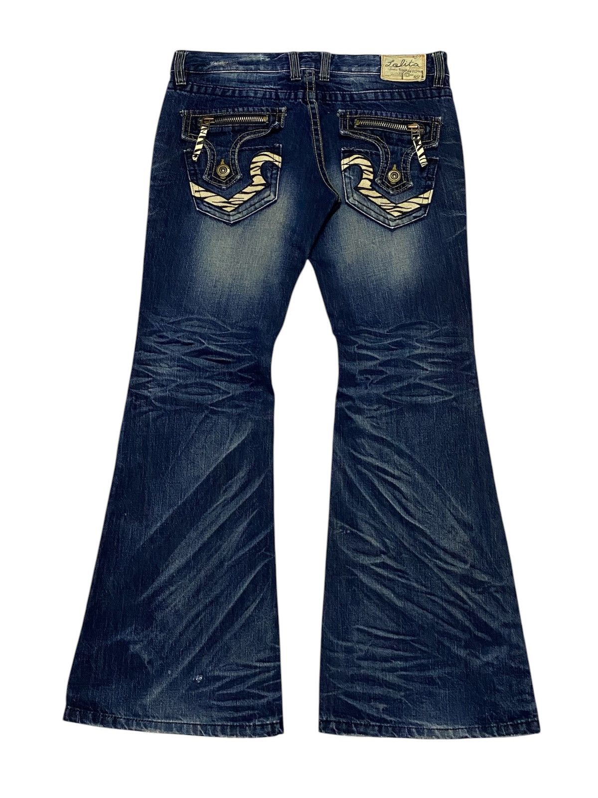 Hysteric Glamour Super Flare💃Lolita Zebra Pocket Distressed Denim Pants Size US 35 - 3 Thumbnail
