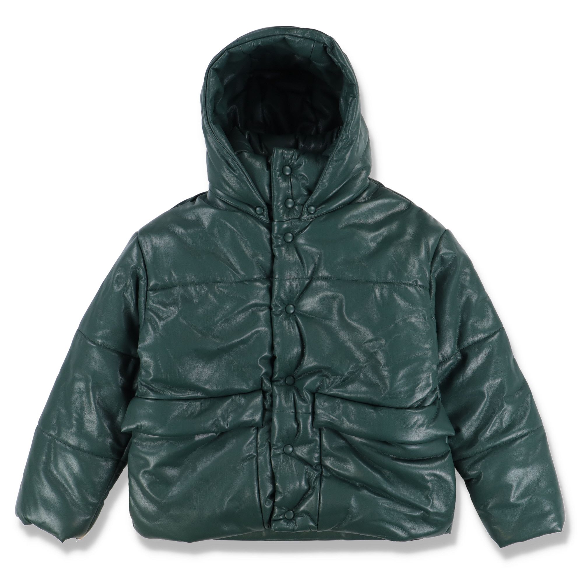 Pine Green Vegan Leather Hooded Puffer Jacket