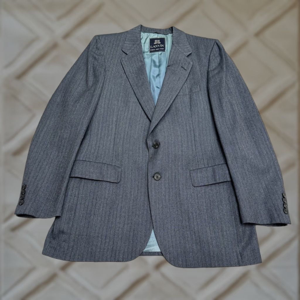 Lanvin VINTAGE Lanvin Barneys NY Wool Blazer Jacket Men Gray Herringbone Notch Single-Breasted 2-Button Dry Clean Only Regular-Fit Chest 40 Size 40R - 1 Thumbnail