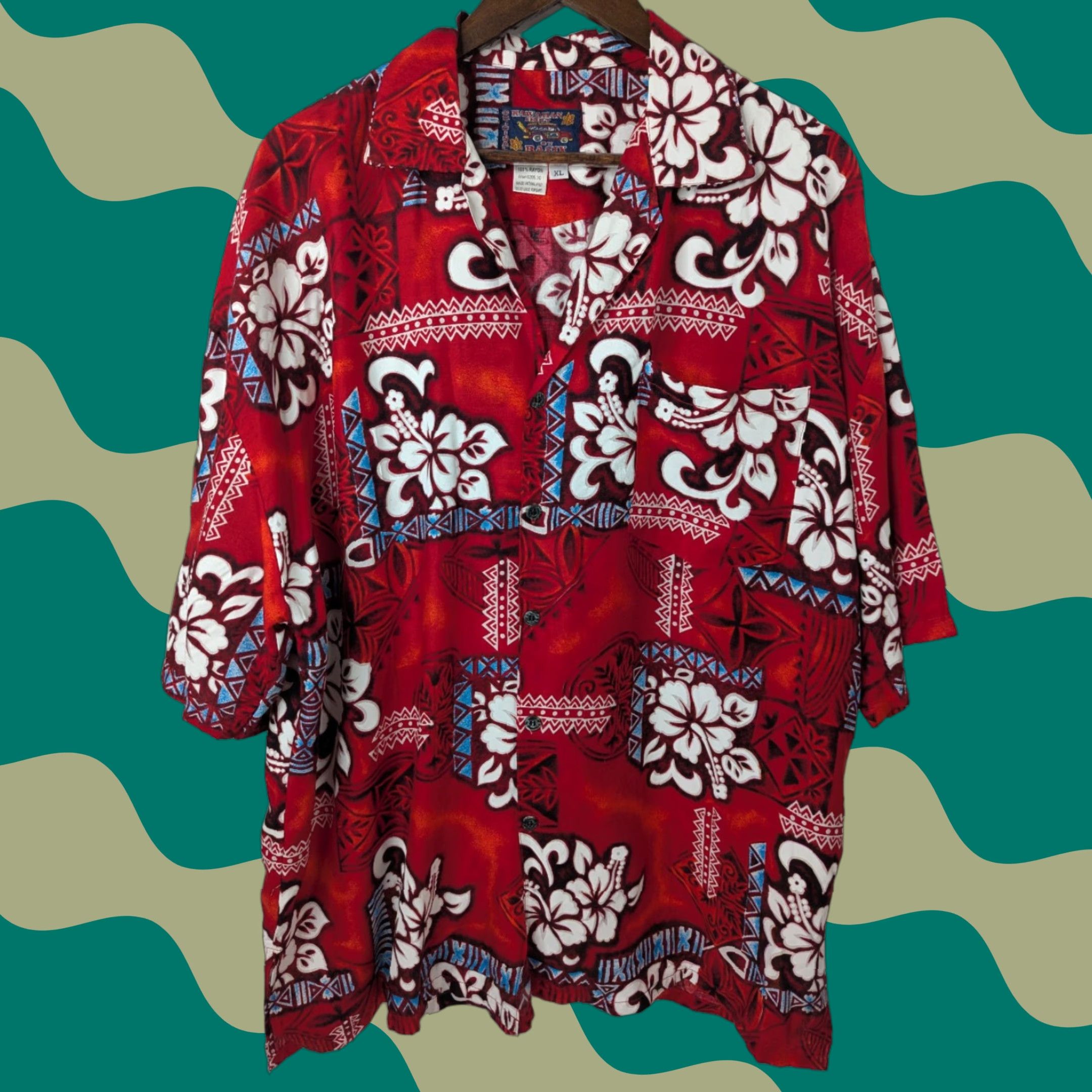 Vintage Basix Mens Hawaiian Shirt Red Floral Rayon Short Sleeve Button V-Neck XL Size US XL / EU 56 / 4 - 1 Thumbnail