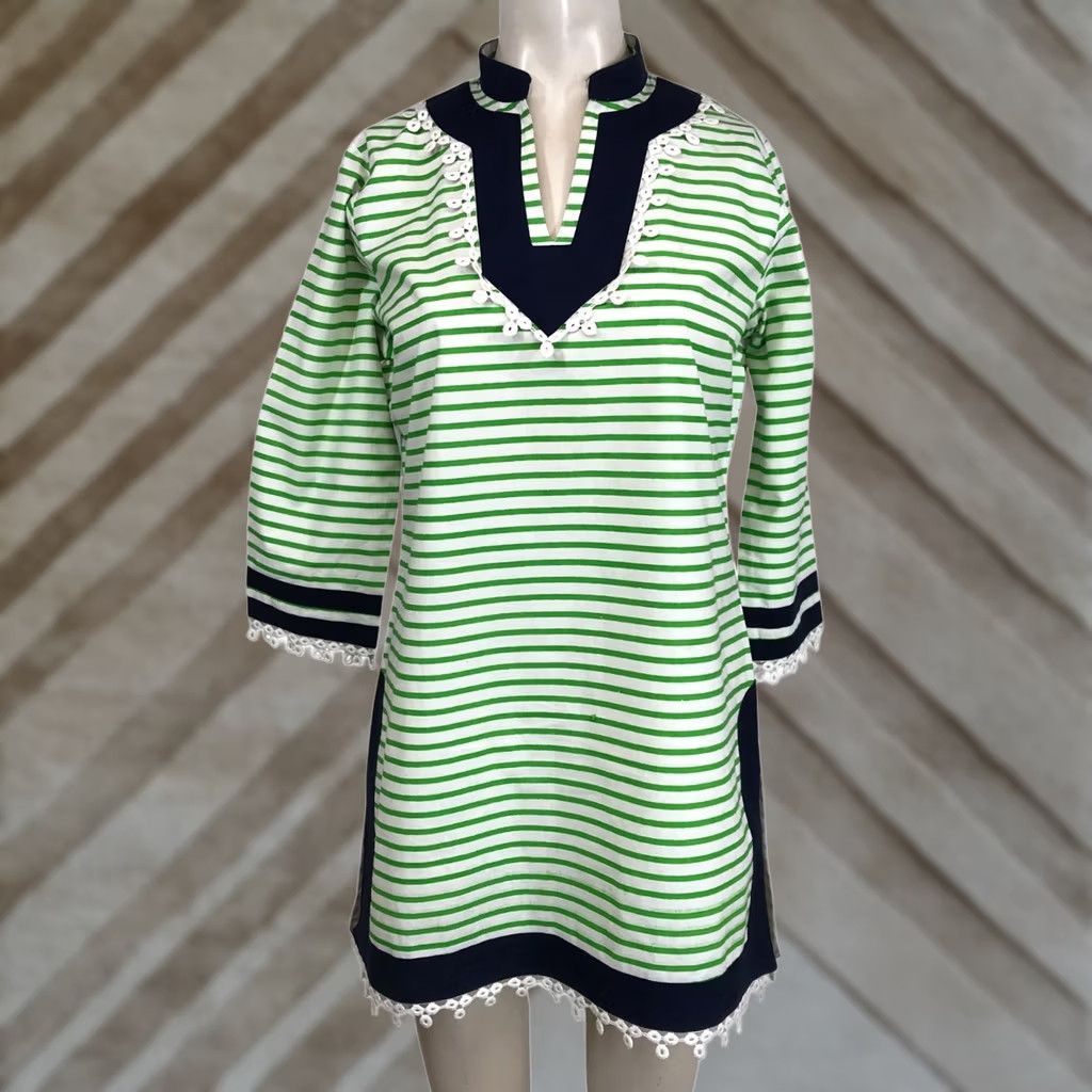 Vintage GRETCHEN SCOTT WOMEN'S SMALL V NECK TUNIC GREEN/WHITE Size S / US 4 / IT 40 - 1 Thumbnail