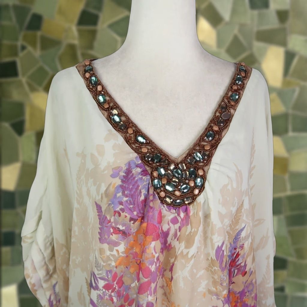 Vintage VINTAGE NY Collection Batwing Top Dolman Sleeve Beaded Rhinestone Jewel Trim Cream Floral L Size L / US 10 / IT 46 - 1 Thumbnail