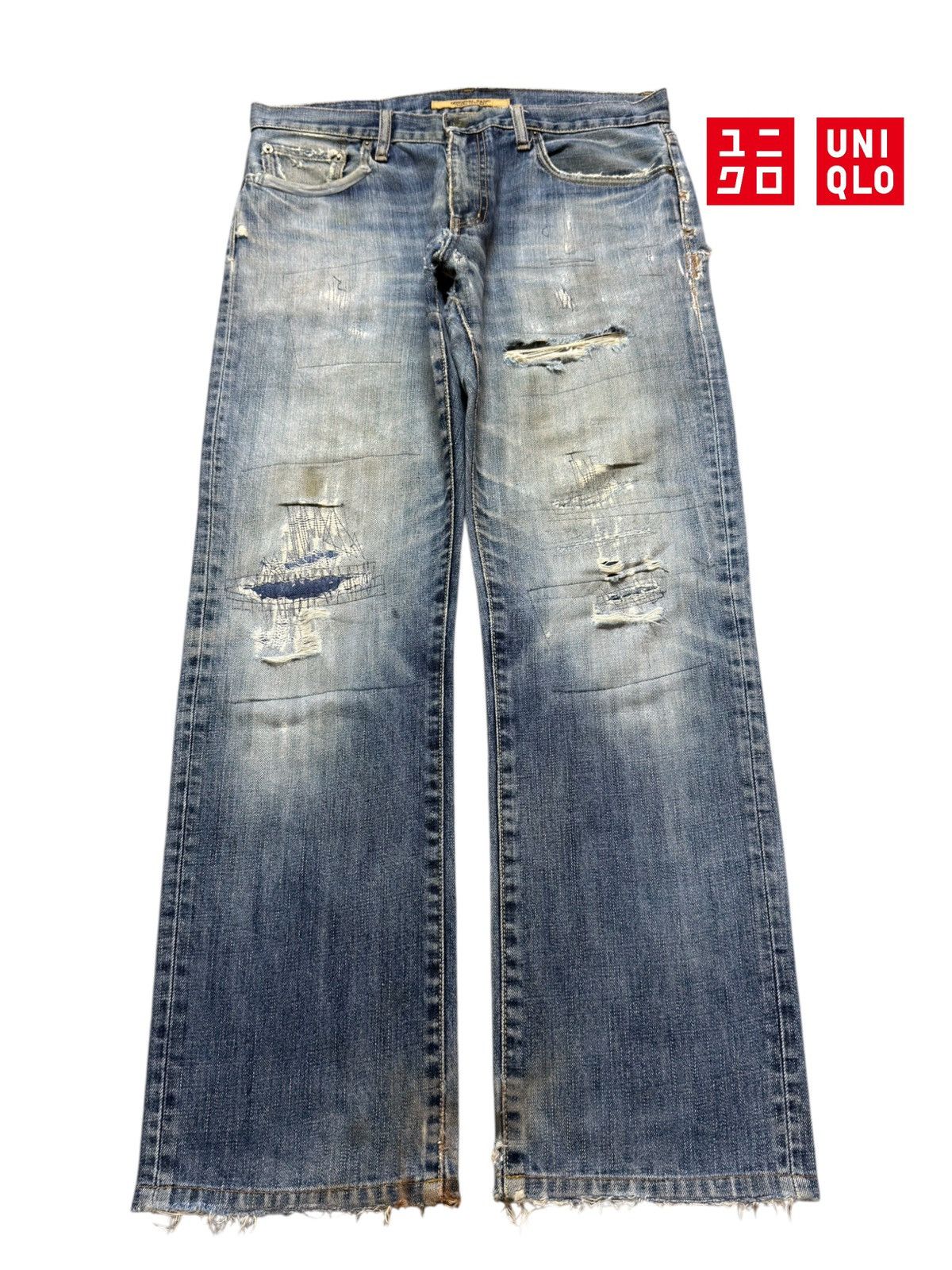 Uniqlo Vintage Y2K Uniqlo Faded Wash Distressed Straight Leg Jeans Size US 32 / EU 48 - 1 Thumbnail