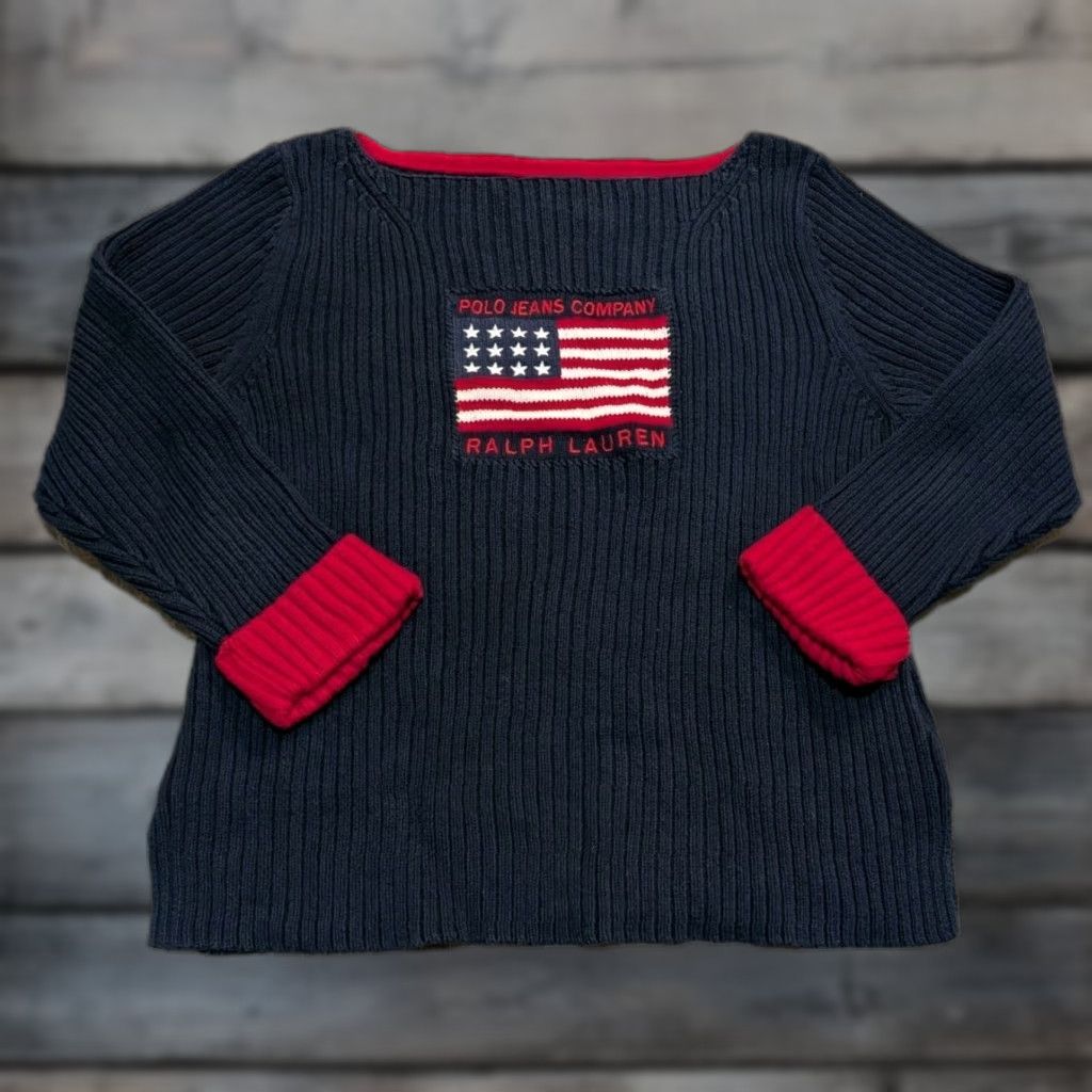Ralph Lauren VINTAGE Ralph Lauren Jumper Women XL Navy Blue USA Flag 80s 90s Designer Pullover Knit Logo Embroidered Easy Care All Seasons Size XL / US 12-14 / IT 48-50 - 1 Thumbnail
