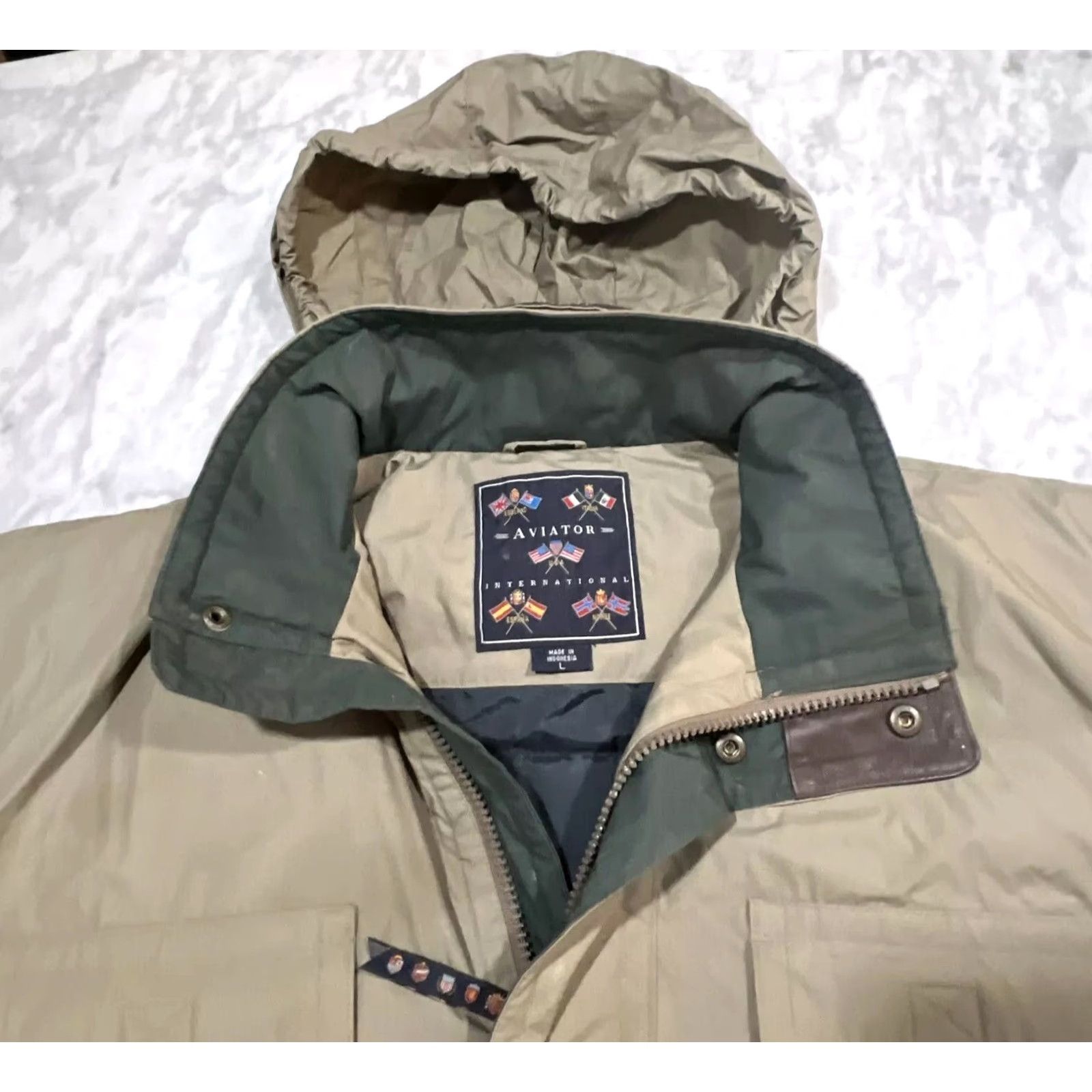 Vintage Aviator International Jacket Mens XL Winter Down Filled Hood Shell Cotton Polyester Khaki Bomber Jacket Regular Fit Mid-Length Zip Front Size US XL / EU 56 / 4 - 7 Thumbnail