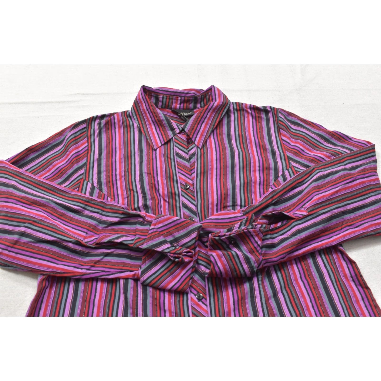Vintage Lane Bryant Women 14/16 Purple Red Striped Button Down Long Sleeve Shirt Size XL / US 12-14 / IT 48-50 - 6 Thumbnail