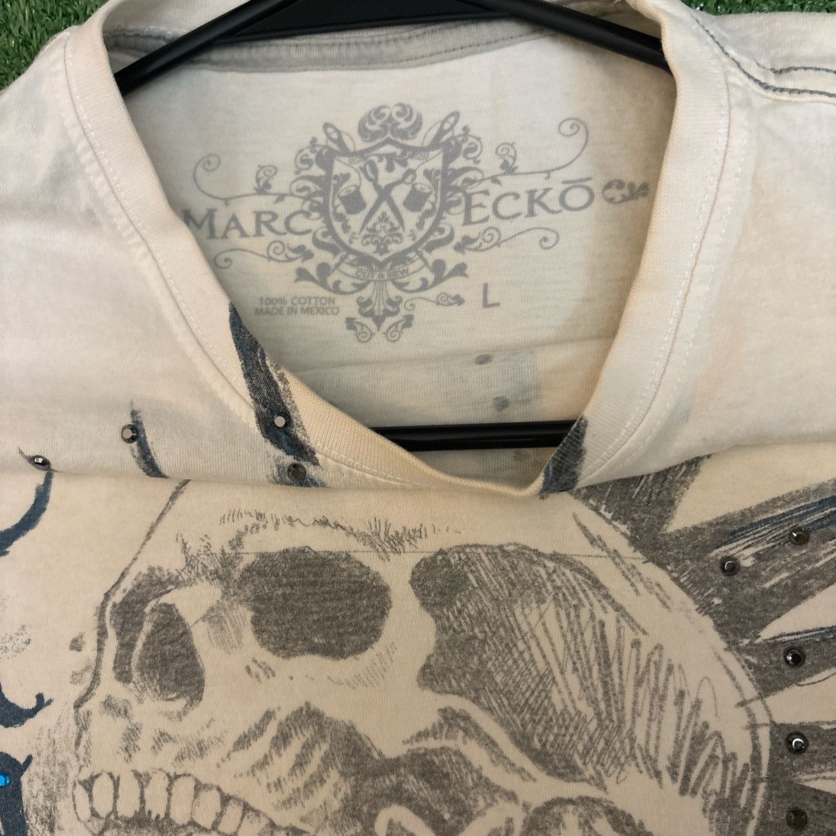 Marc Ecko Beige Embellished Marc Ecko Skull Graphic Tee Size US L / EU 52-54 / 3 - 3 Thumbnail