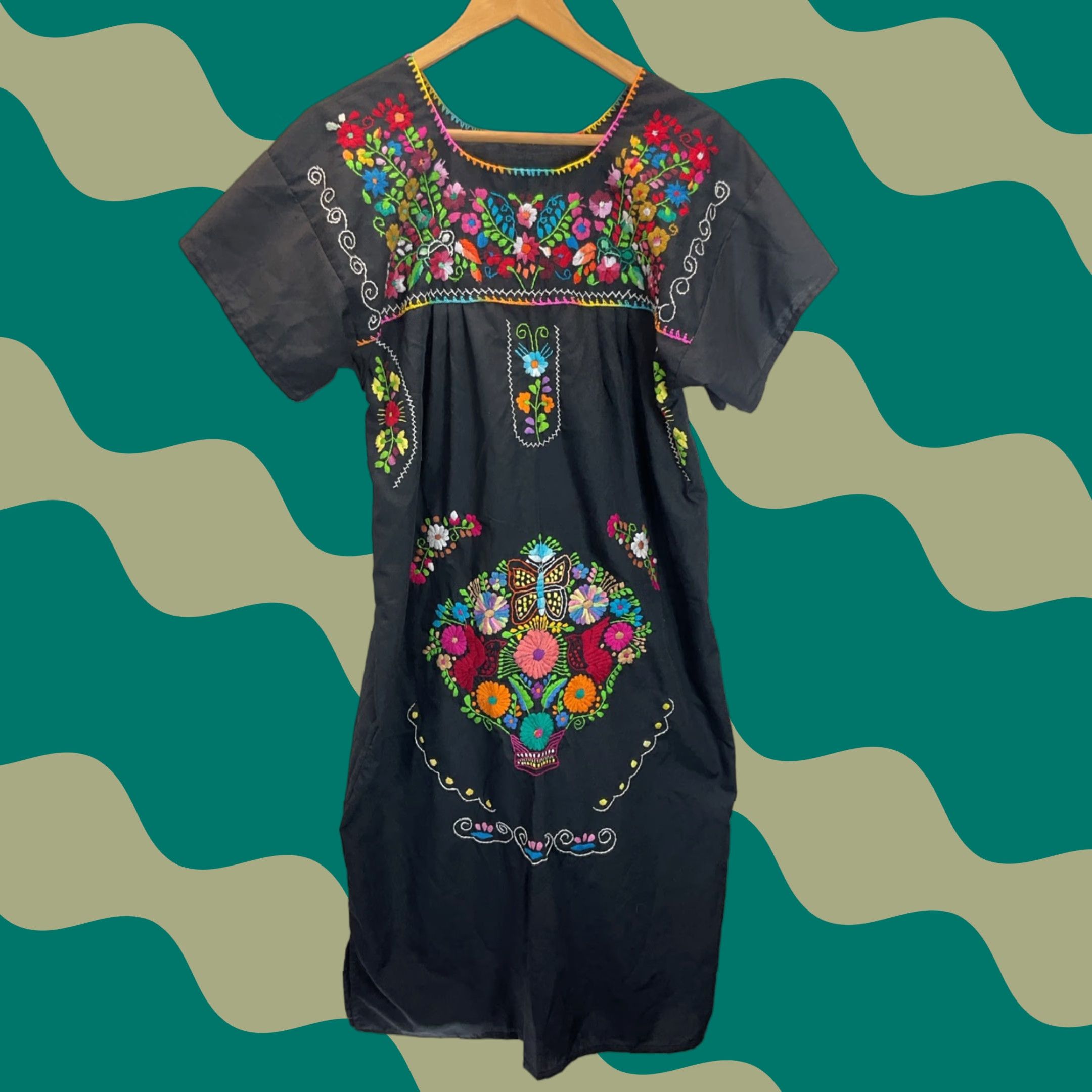 Mexican Embroidered Patio midi Black Floral M Boho Hippie Summer House Dress  Dress - ilac.rochib.com