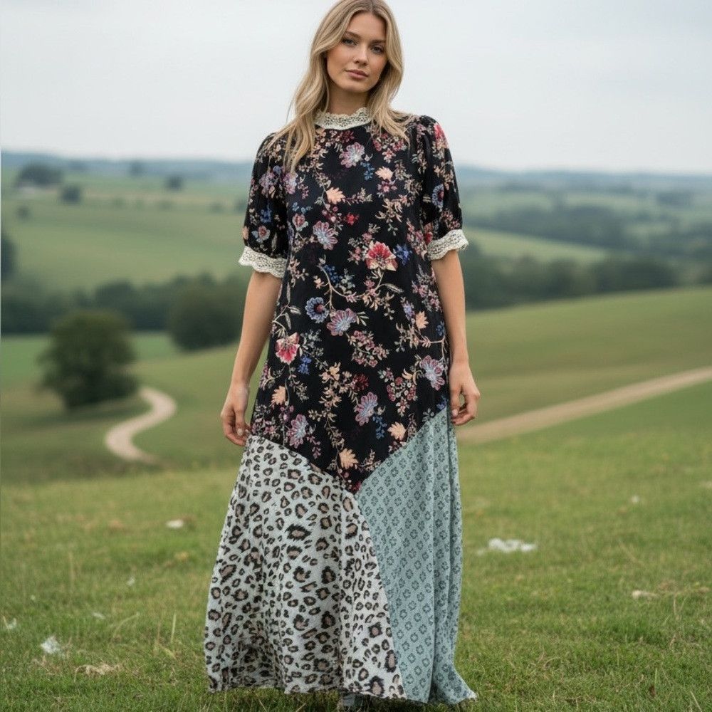 Other NWT New MELLODAY Black Floral Patchwork Maxi Dress Size XL | Grailed
