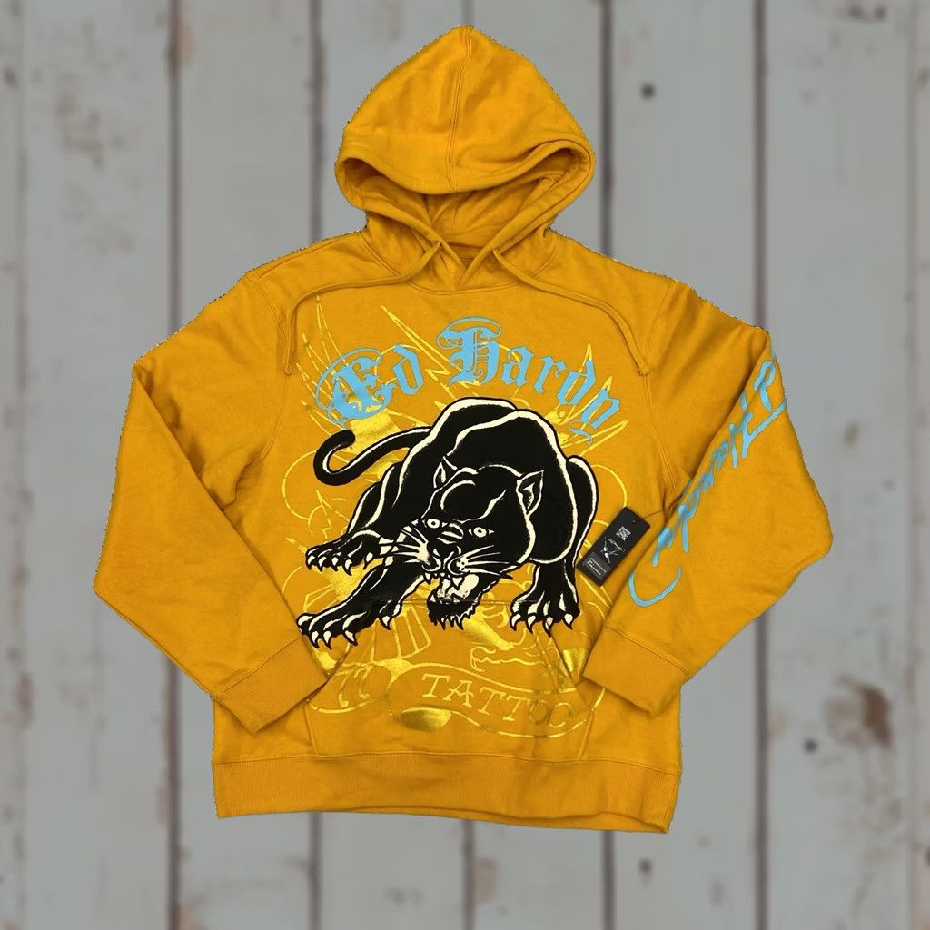Ed Hardy VINTAGE Ed Hardy Yellow Hoodie Black Panther Pullover Sweatshirt Men's Large EHM1300-55 Size US L / EU 52-54 / 3 - 1 Thumbnail